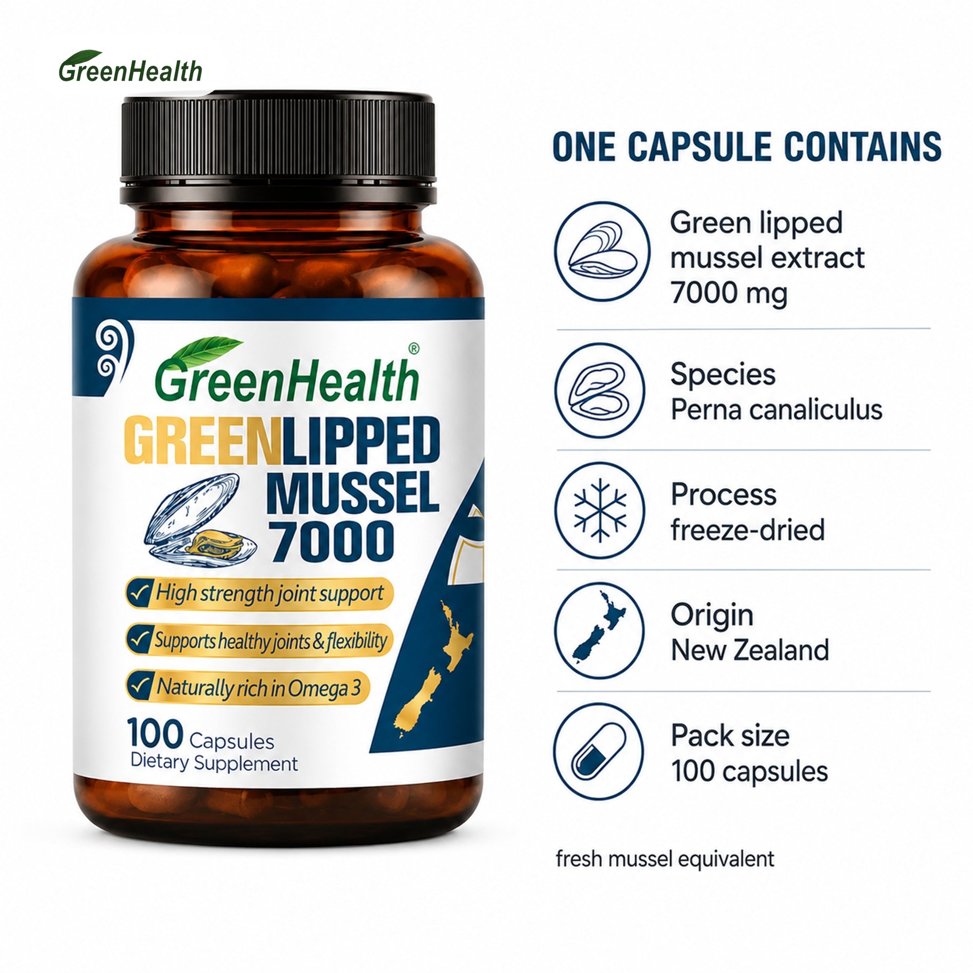GreenHealth Zöldkagyló 7000 mg 100 kapszula Új-Zéland fagyasztva szárított Brand no brand