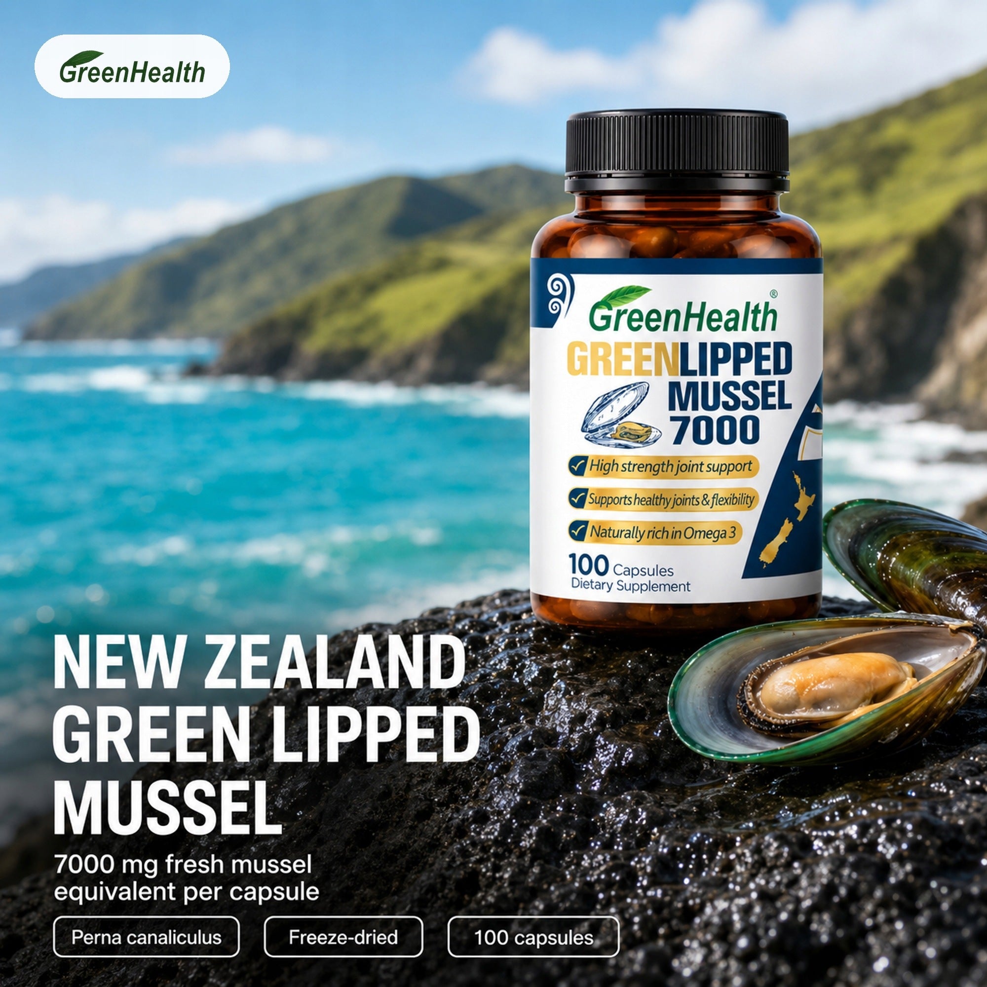 GreenHealth Zöldkagyló 7000 mg 100 kapszula Új-Zéland fagyasztva szárított Manufacturer code WH-ZOLD-KAGYLO-KAPSZULA