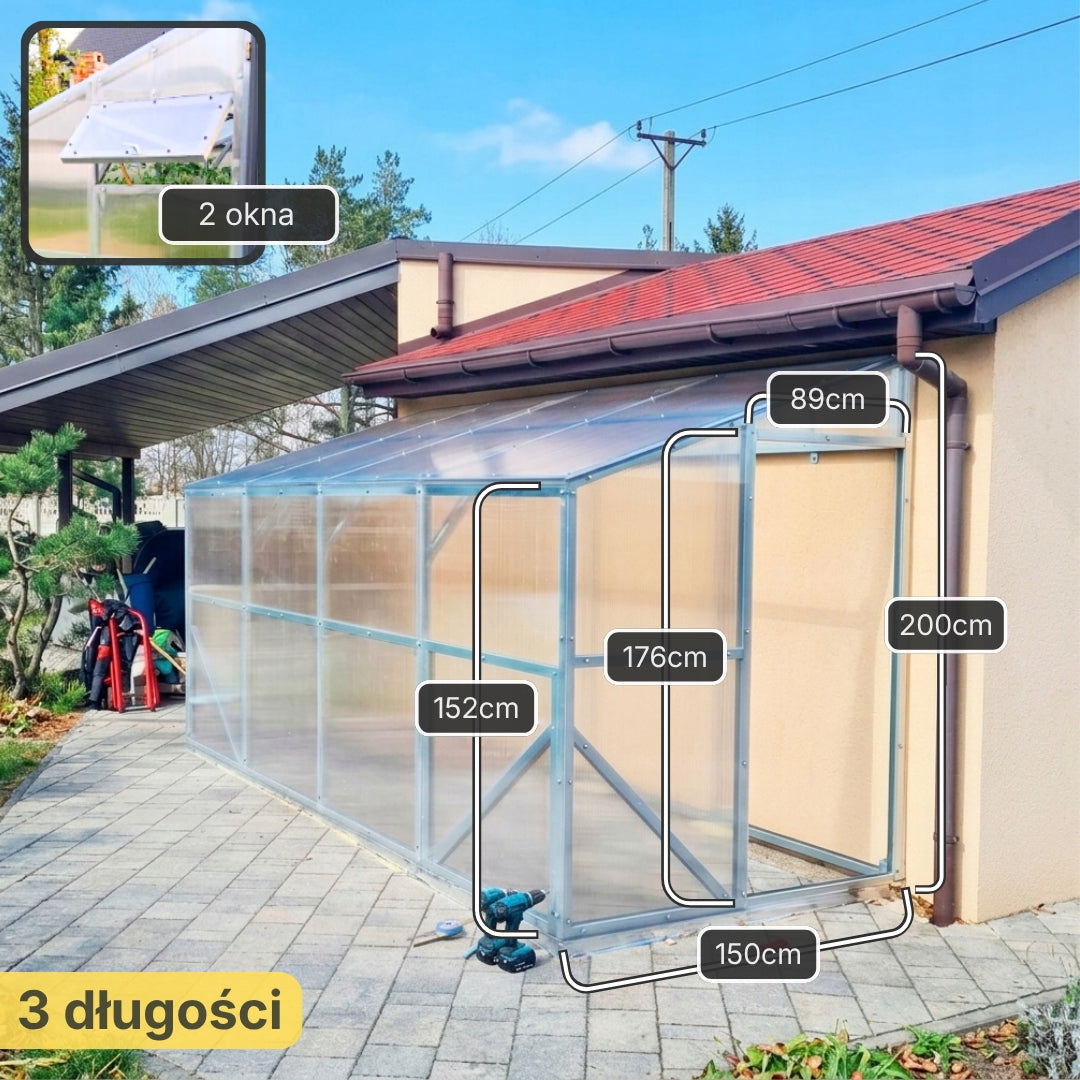 Greenhouse Wall Mounted 1,5x4m Polycarbonate 4mm Strong Profile 40x40mm Zinc Product height 200 cm