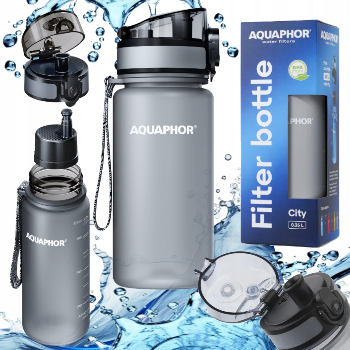Grey Bottle Water Filter Bottle Filter Cartridge AQUAPHOR CITY 0,35 L