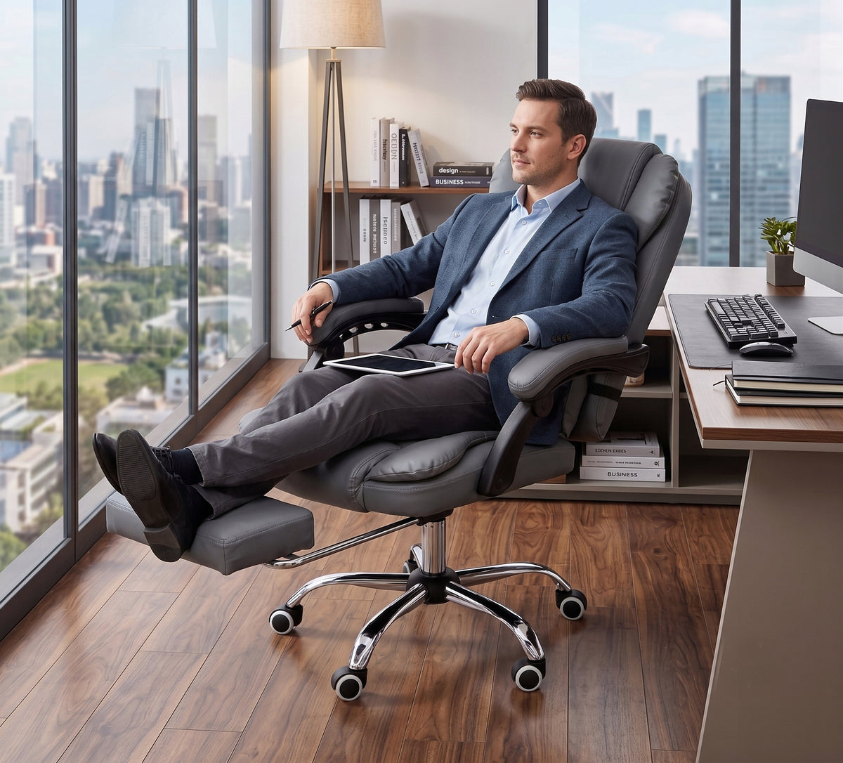 Grey Comfortable Office Chair with Lumbar Cushion Footrest Grey NBK011-HT Medical device no