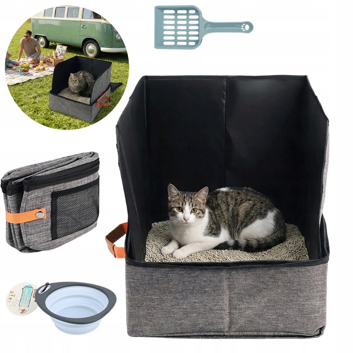 Grey Folding Travel Litter Box with Spoon and Bowl Included Portable Litter Box