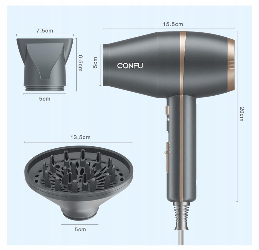 Grey Gold Professional Hair Dryer 2200W With Diffuser CONFU Packaging status original