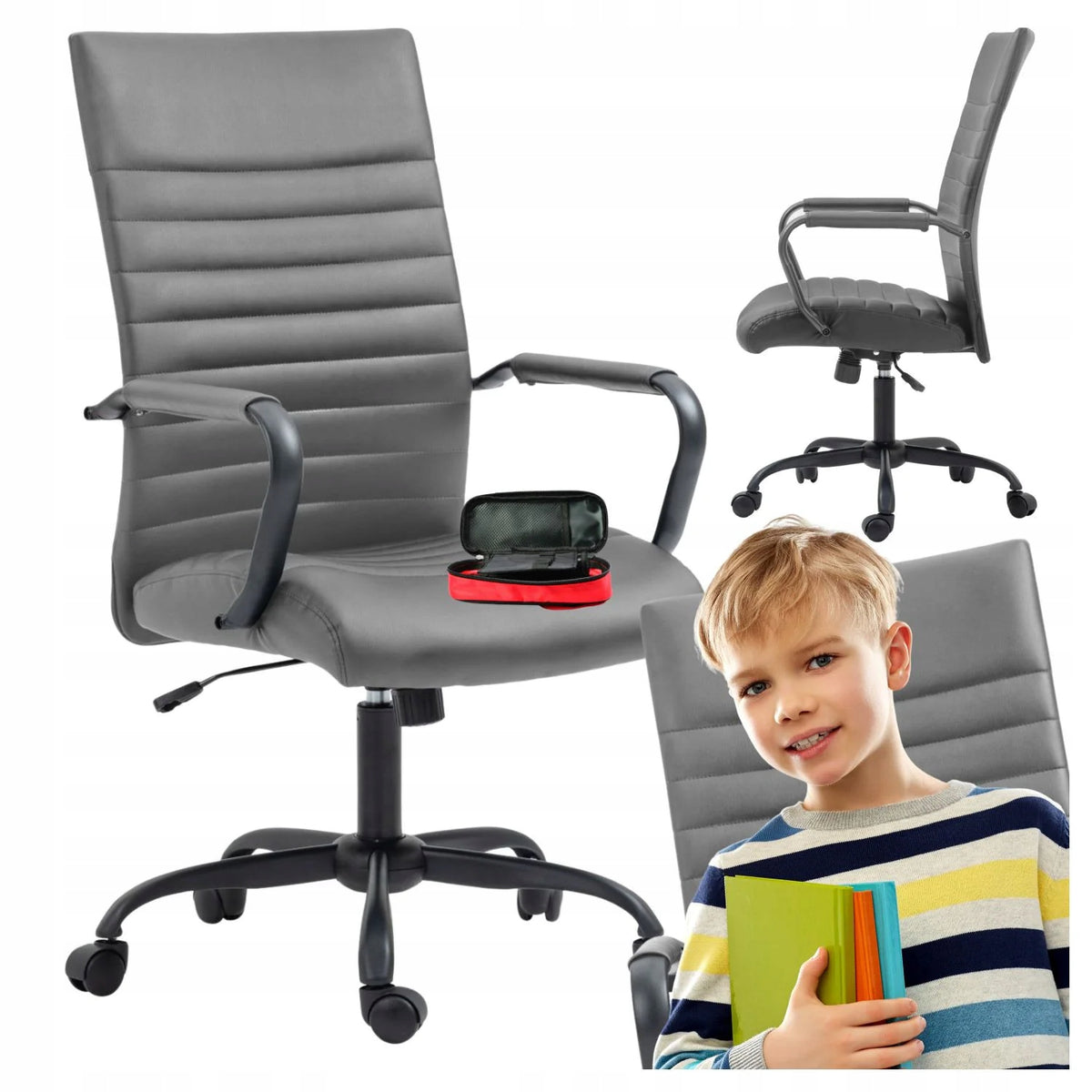 Grey Swivel Armchair for Computer with Armrests Office Eco Leather NEVA