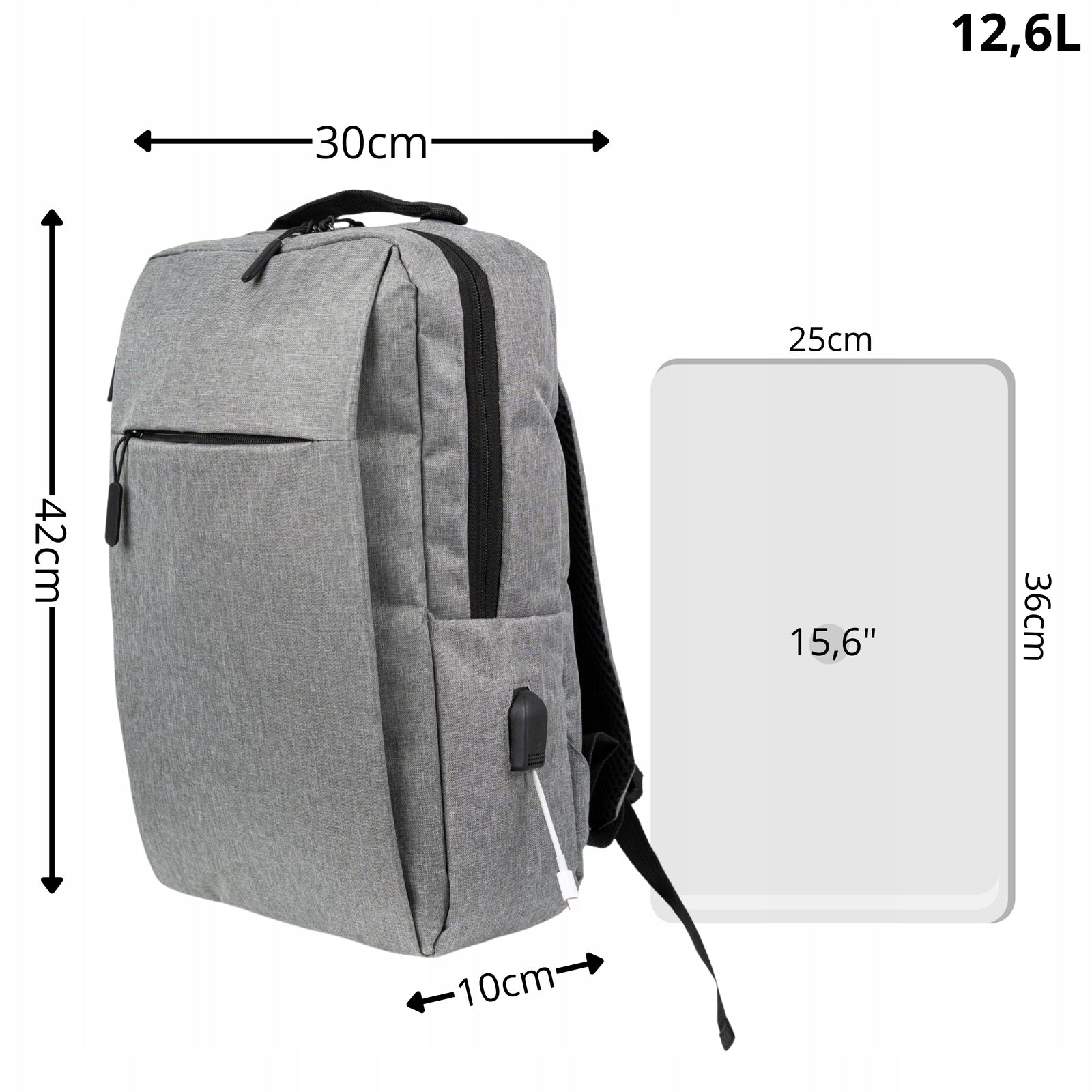 Grey Youth School Backpack with USB for Laptop 15,6” Male Brand no brand