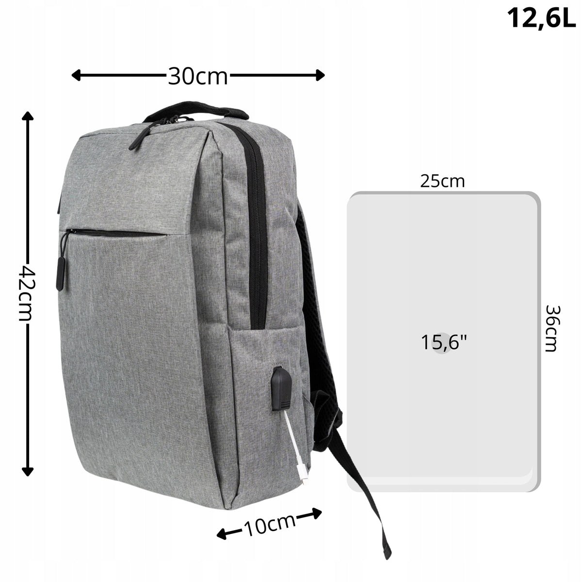 Grey Youth School Backpack with USB for Laptop 15,6” Male Brand no brand