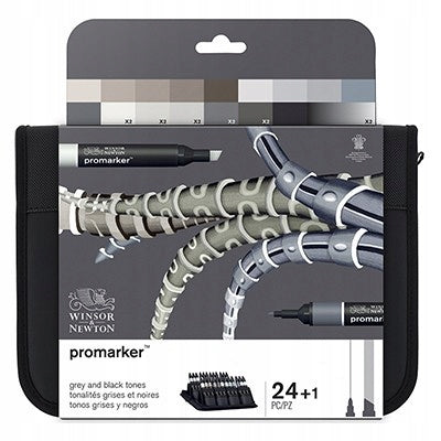 Ein Satz alkoholbasierter Marker W&amp;N Promarker, 24 Stück, in einem Black&amp;Grey-Federmäppchen 