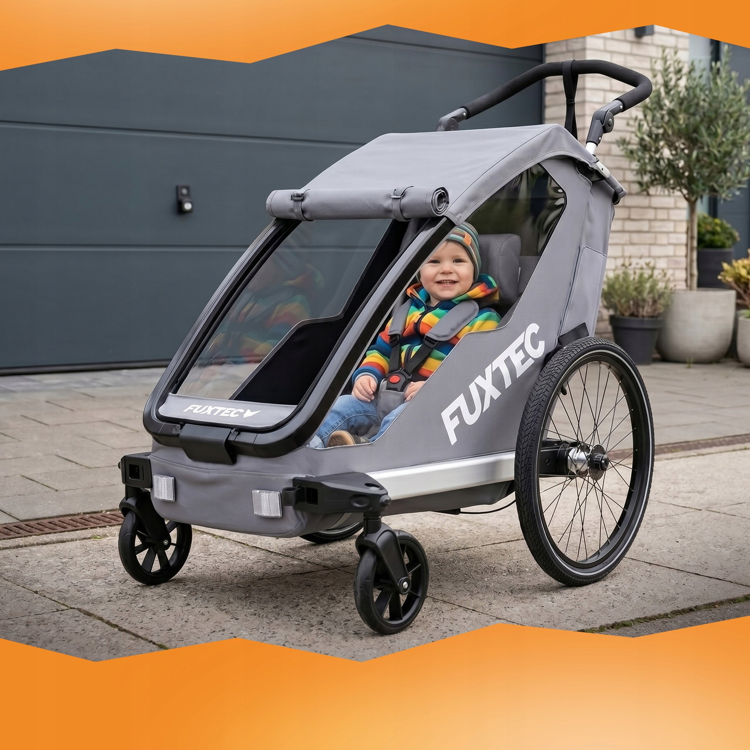 Grey trailer FUXTEC 1-seater with handle and straps FOR CHILDREN FOLDING Number of seats 1