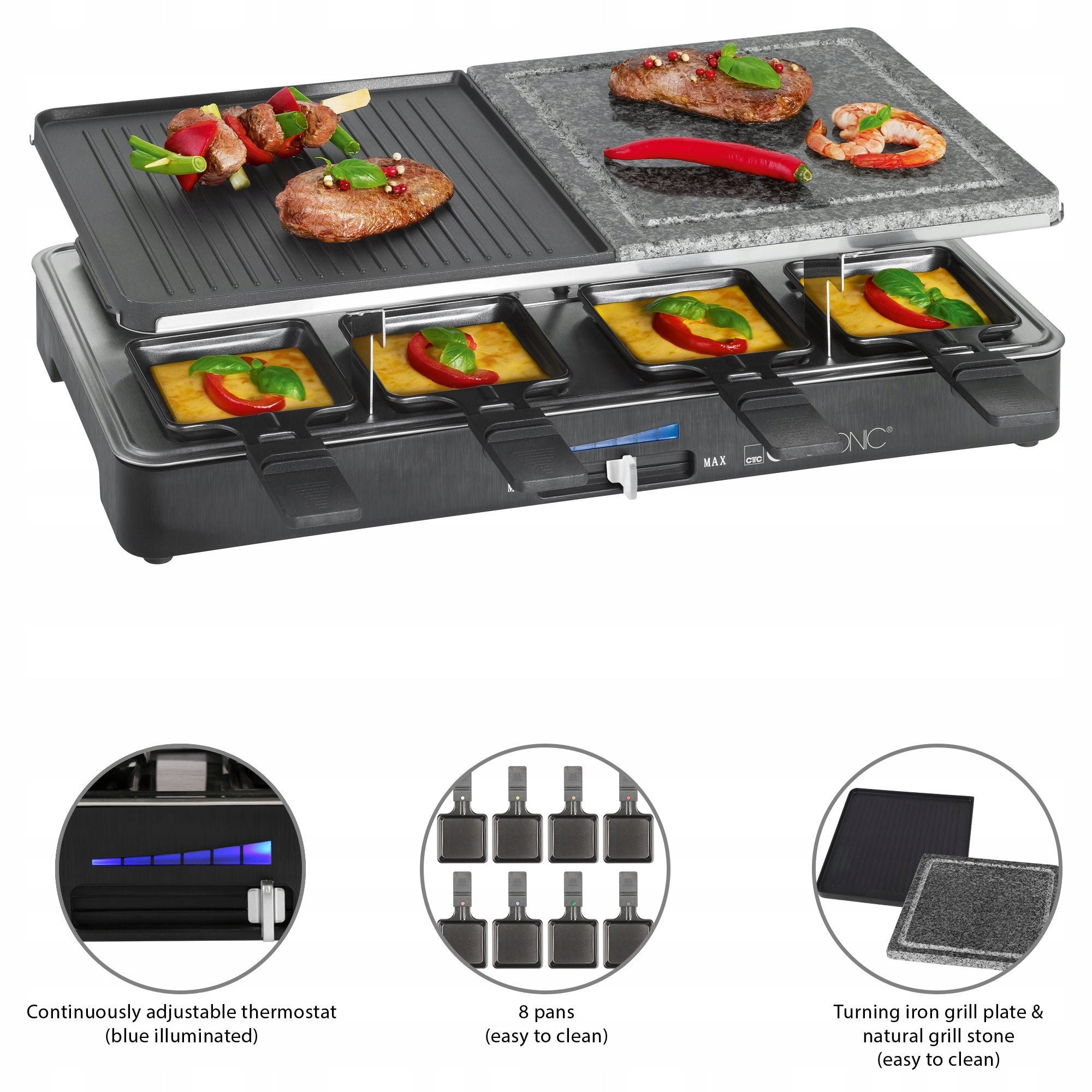 Grill Raclette Clatronic RG1400W Grill Stone 8 Griddles Dominant color black