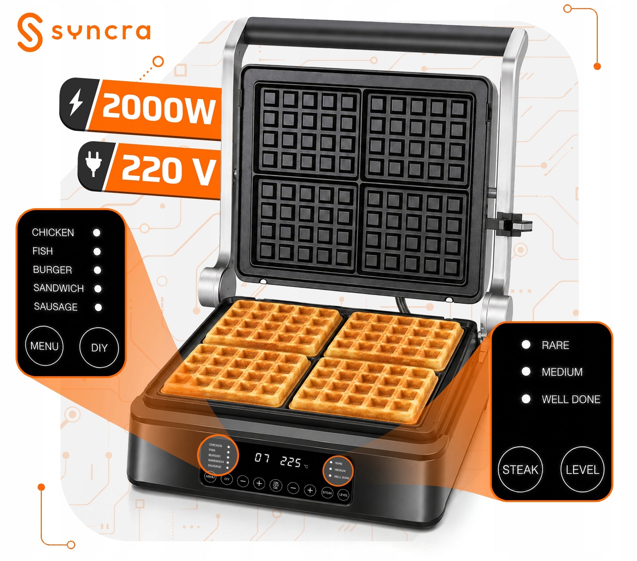 Grill Waffle Iron Electric Toaster Panini Programmer Large 2000W Manufacturer code MOCNY GRILL ELEKTRYCZNY GOFROWNICA 3W1 TOSTER