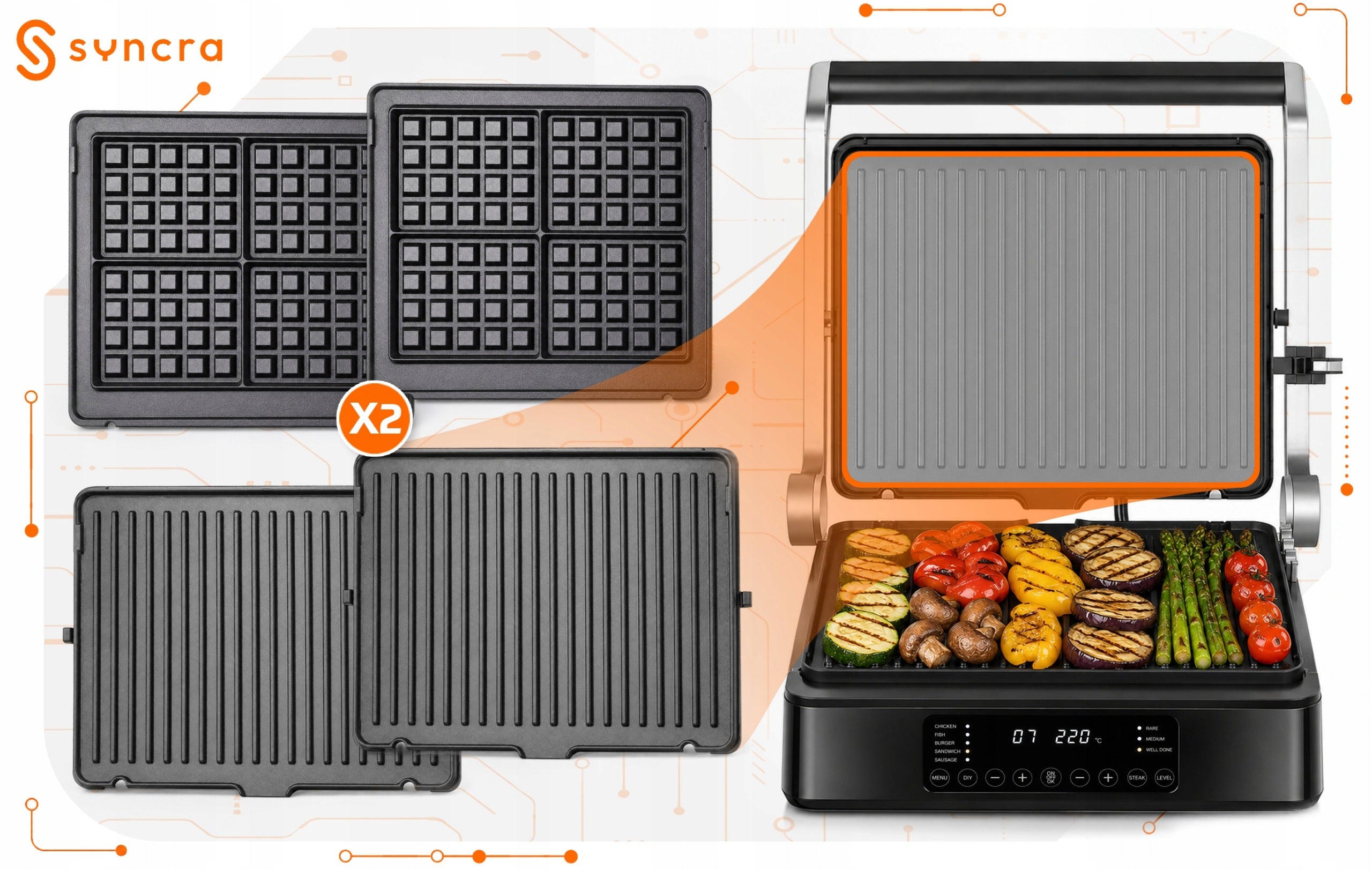 Grill Waffle Iron Electric Toaster Panini Programmer Large 2000W Packaging status original