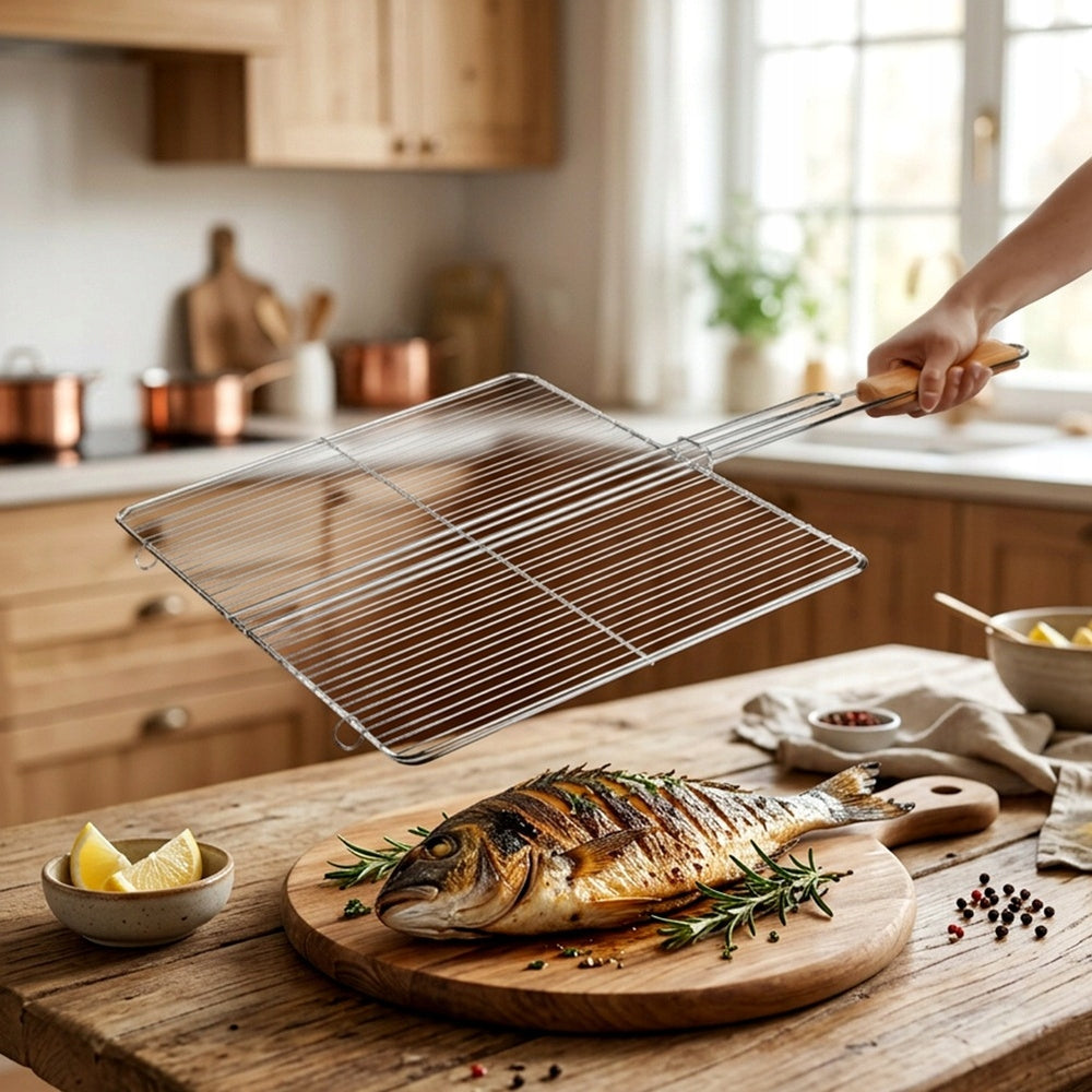 Grill grate fish meat vegetables basket closed steel grill 46x37 cm Product height 1.7 cm