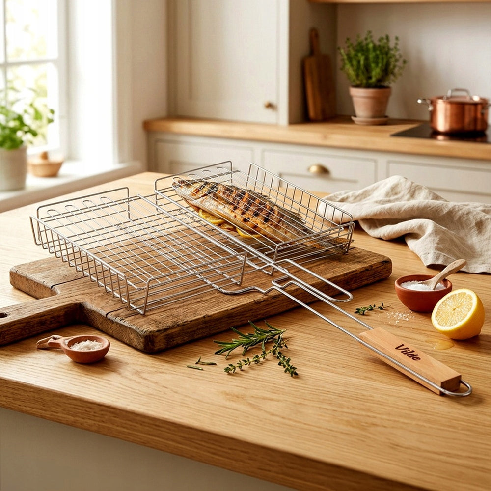 Grill grate fish meat vegetables basket lockable steel grille 41x28 cm Packaging status original