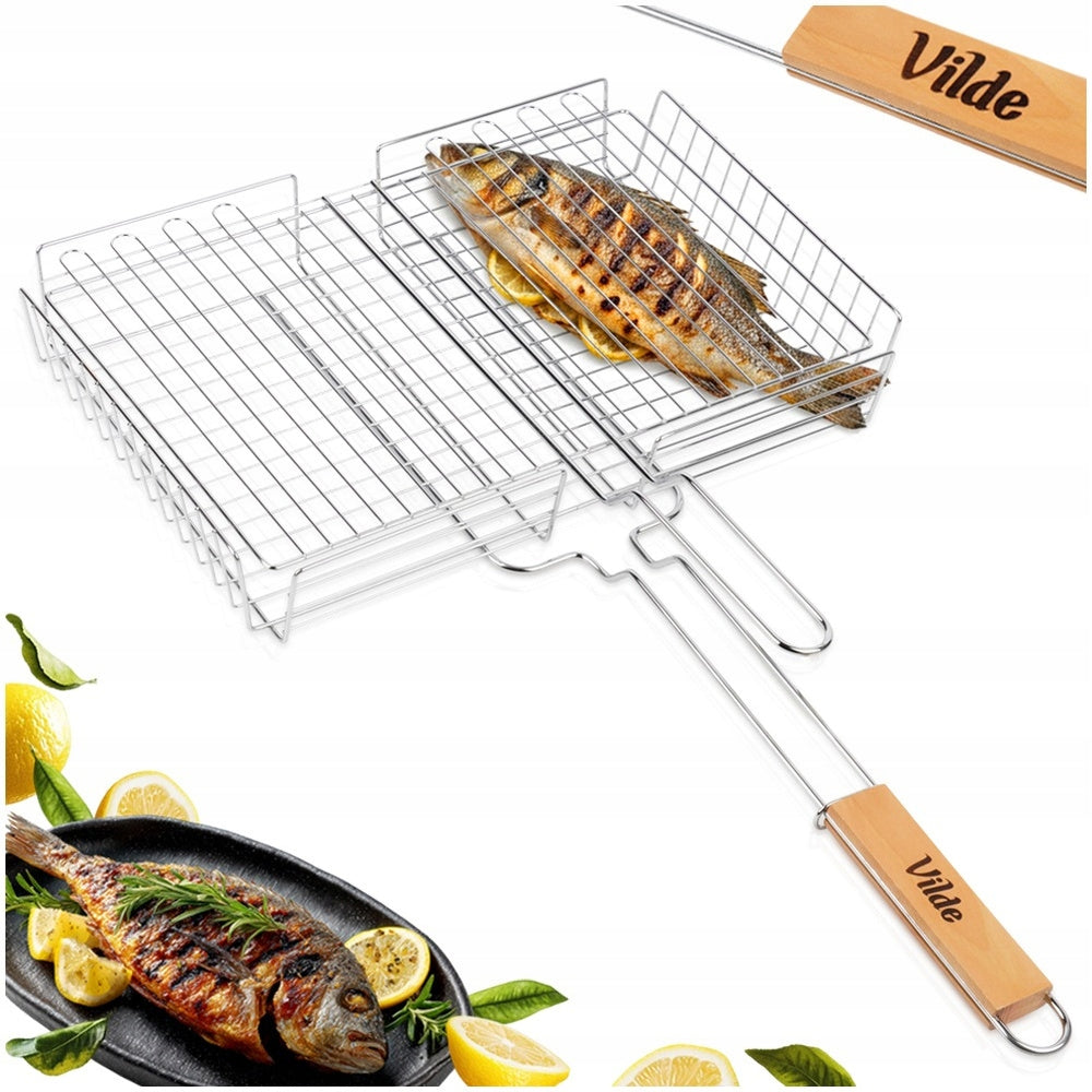 Grill grate fish meat vegetables basket lockable steel grille 41x28 cm