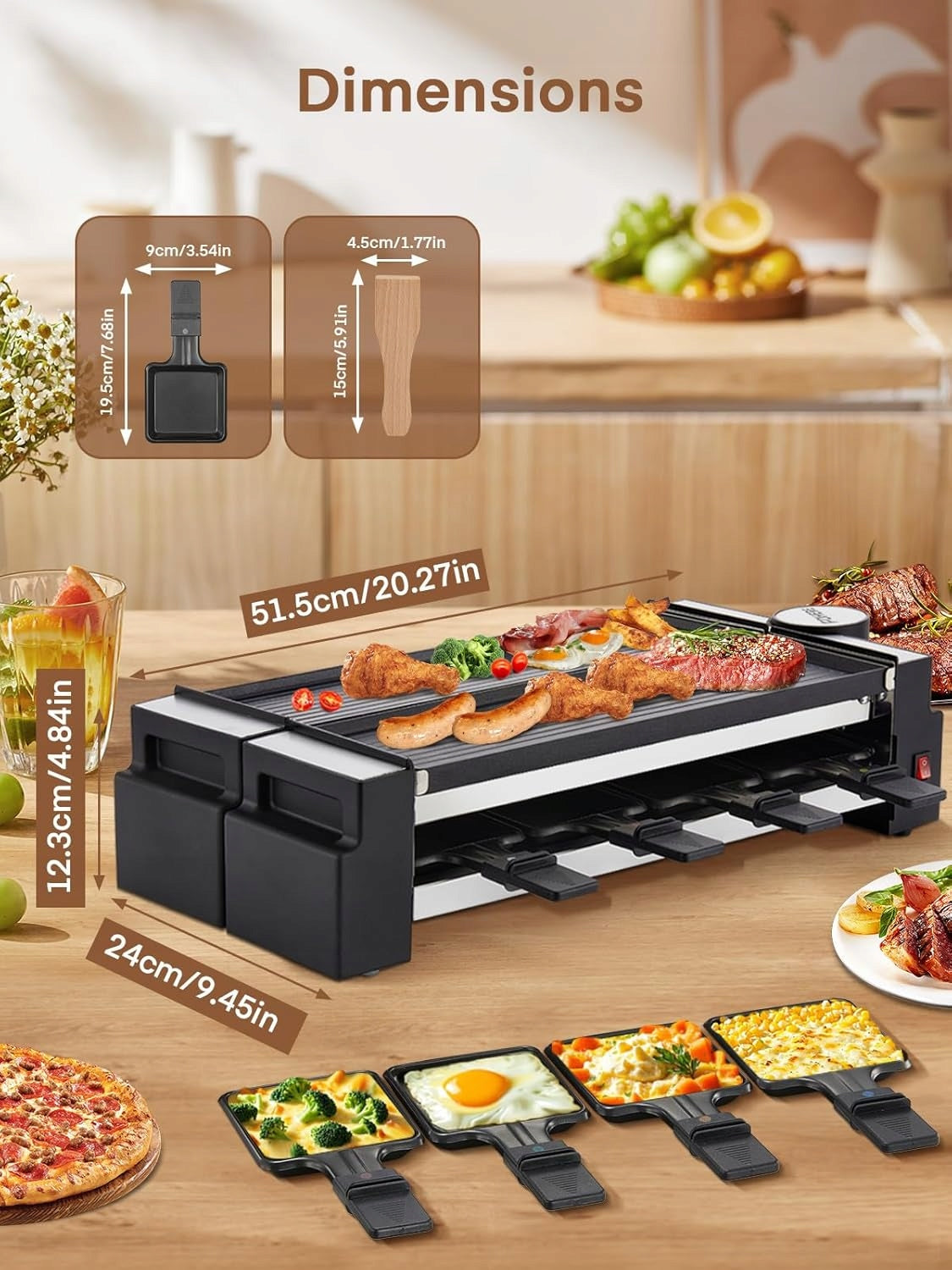 Grill raclette, for 8 people, with non-stick plate and 8 cheese plates Packaging status original