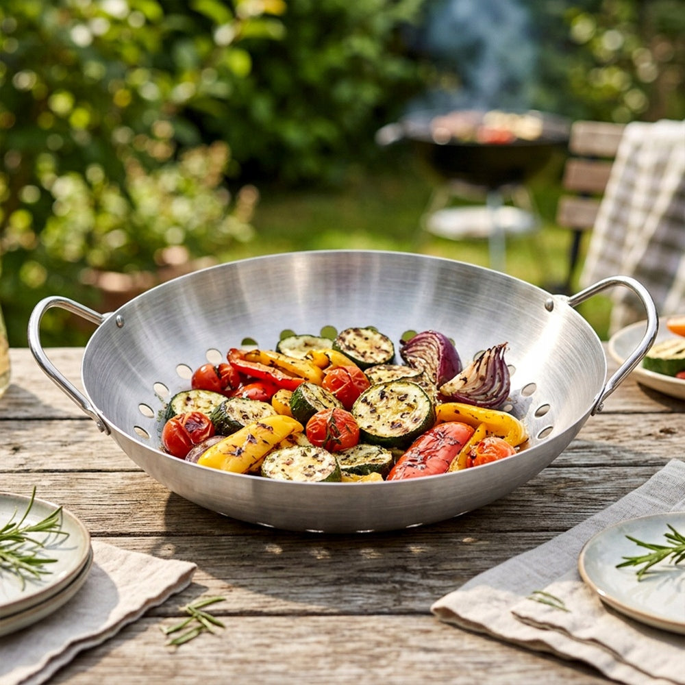 Grilling Basket Round Steel Perforated Grill Tray 28 cm BBQ Diameter 28 cm