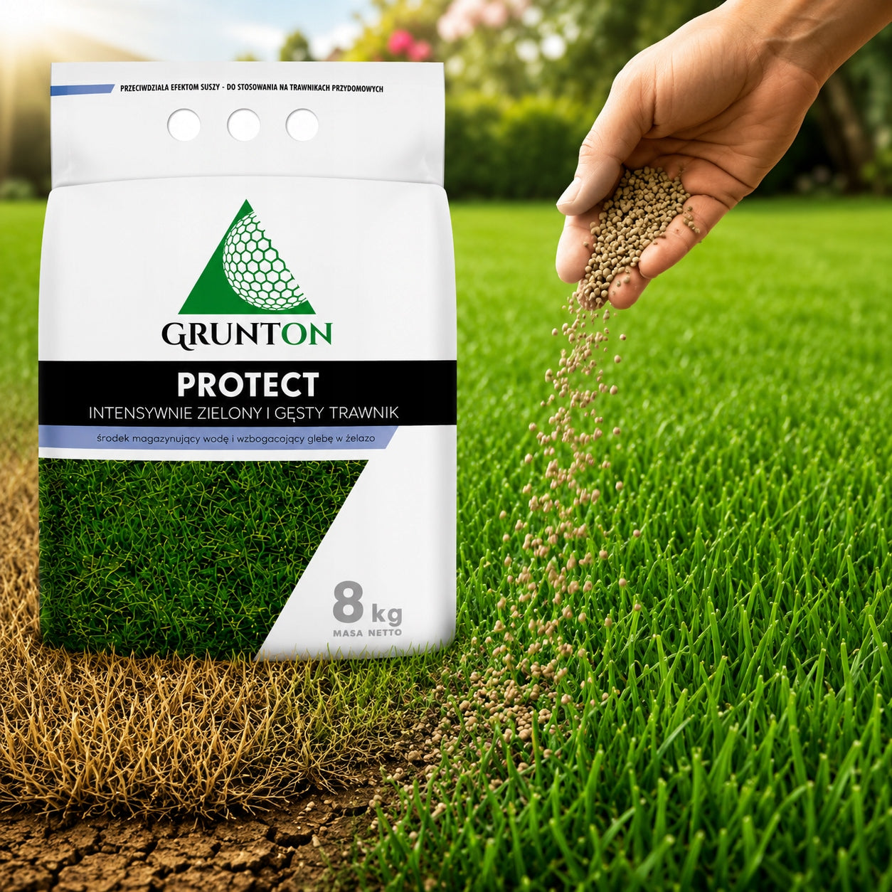 Grunton Protect 8kg Soil Fertilizer Dry Lawn HydroProtect Iron Set Manufacturer code Nawóz do Trawy Grunton Protect 8kg Susza