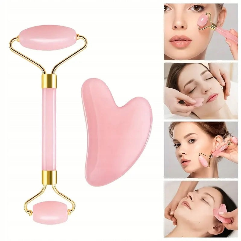Gua Sha Stone + Roller Quartz Face Massage Gift Set Pink