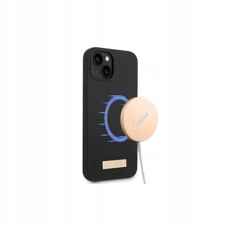 Guess iPhone 14 6,1" GUHMP14SSBPLK schwarze harte Silikon-Logoplatte MagSafe 