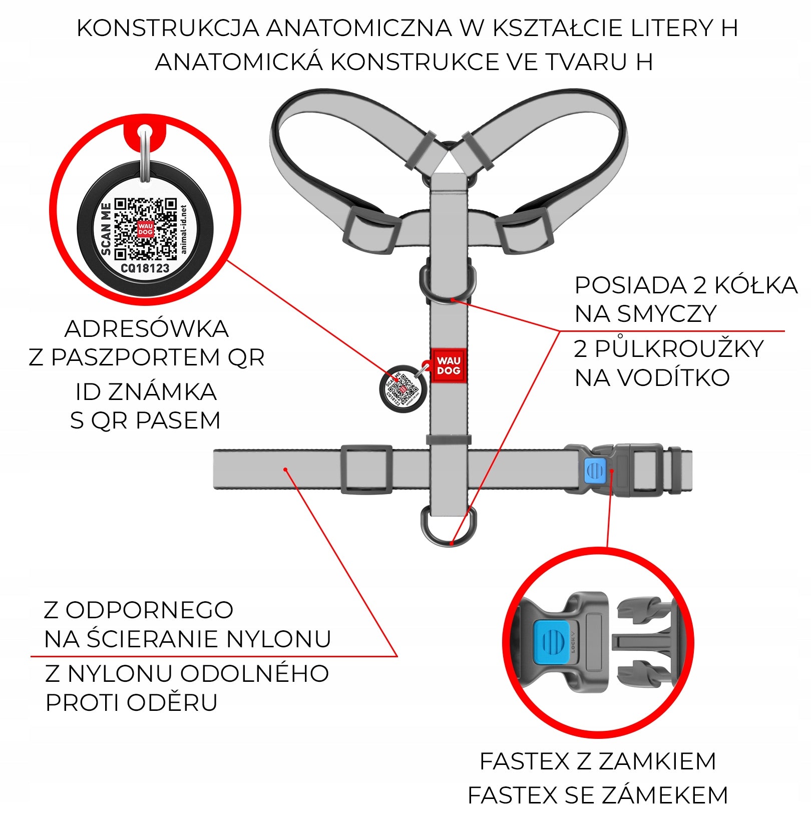 H-shaped anatomical dog harness with QR passport, NASA, r. M Brand Waudog
