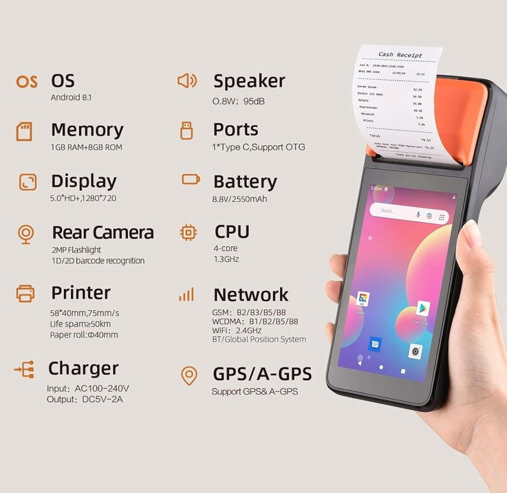 H5 MANUAL TERMINAL PRINTER POS 3G ANDROID 8.1 1D/2D CODES Brand no brand