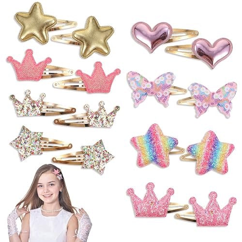 HAIR CLIPS FOR GIRLS GLITTER STAR HEART 16 PCS FOR birthday