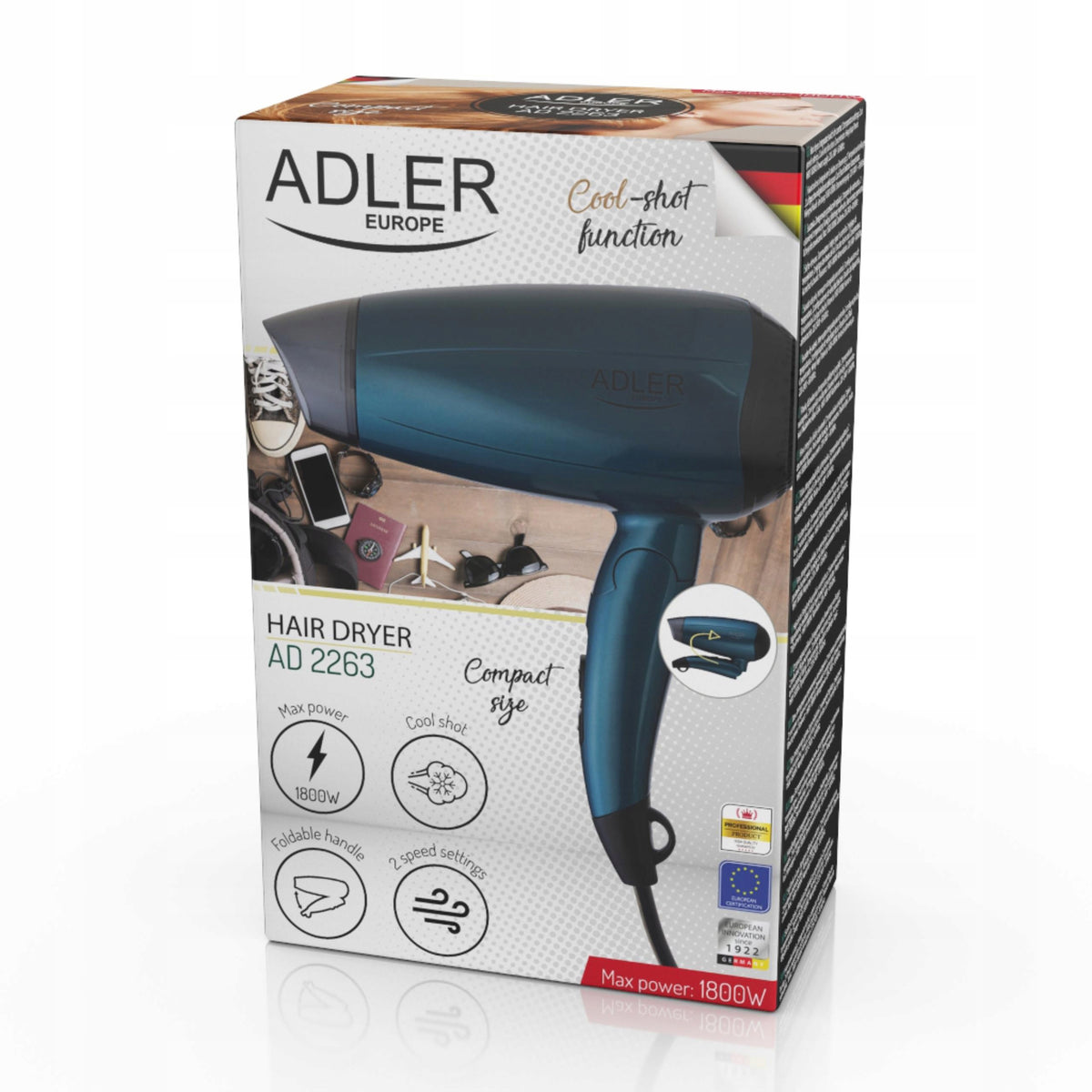 HAIR DRYER FOLDING TOURIST STRONG 1800W COLD TRAVEL AIR SUPPLY Packaging status original