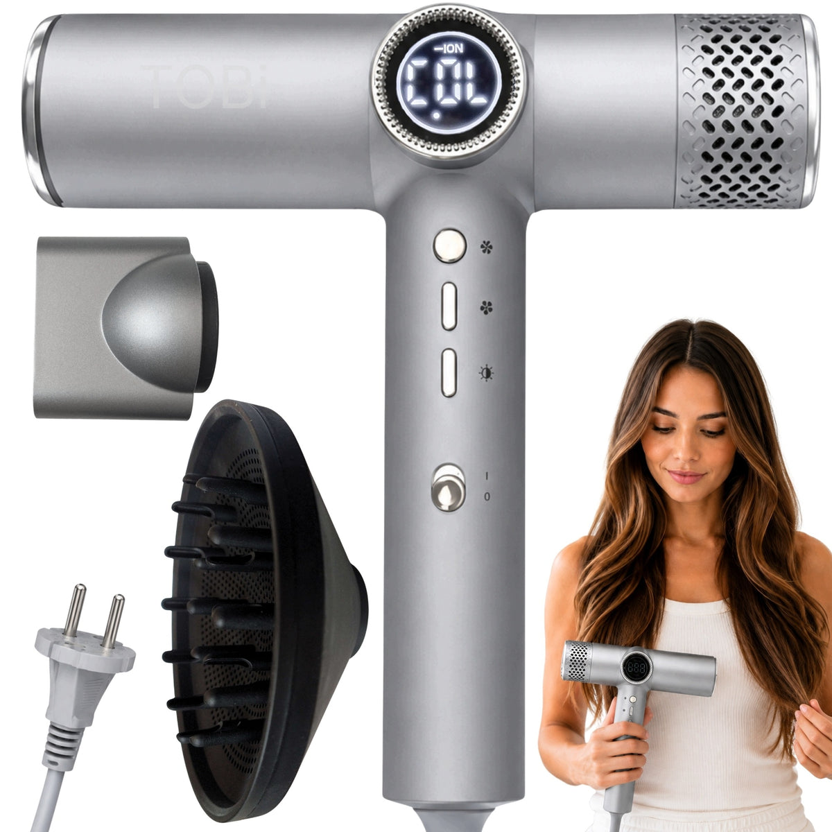 HAIR DRYER WITH CONCENTRATOR DIFFUSER 2000W PROFESSIONAL SILVER