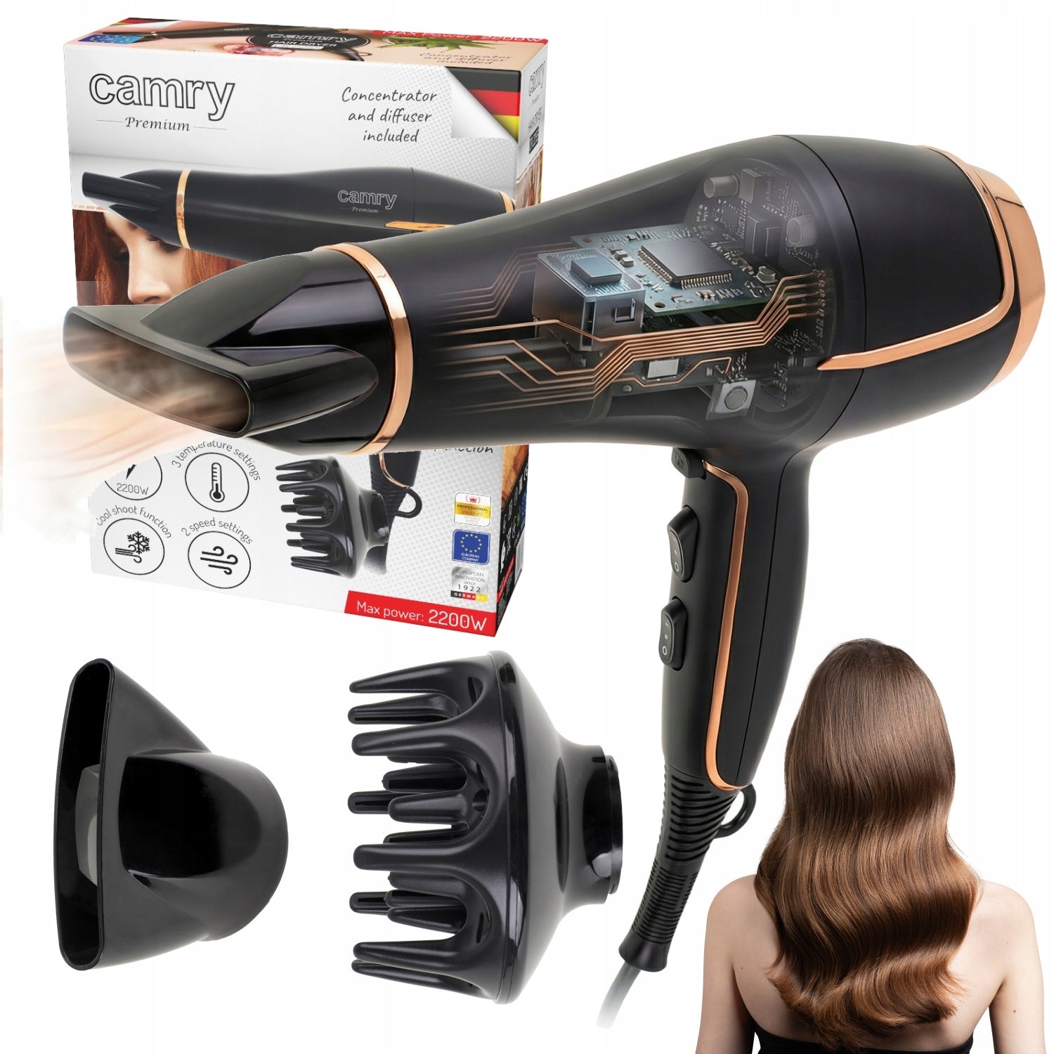 HAIR DRYER WITH DIFFUSER CONCENTRATOR 2200W COLD BLOW ADJUSTABLE