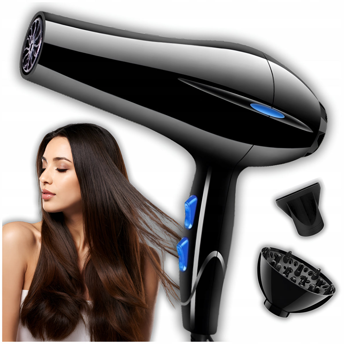 HAIR DRYER WITH DIFFUSER IONIZATION CONCENTRATOR STRONG 2200 IN BLACK