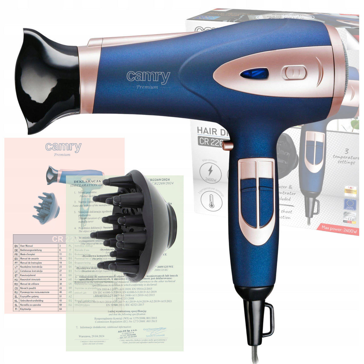 HAIR DRYER WITH IONIZATION 2400W Cold Air + Concentrator & Diffuser
