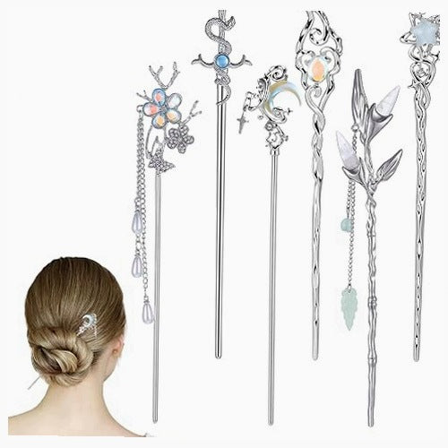 HAIR STICKS SET OF 6 PIECES METAL ACRYLIC AESTHETIC FOR WOMEN