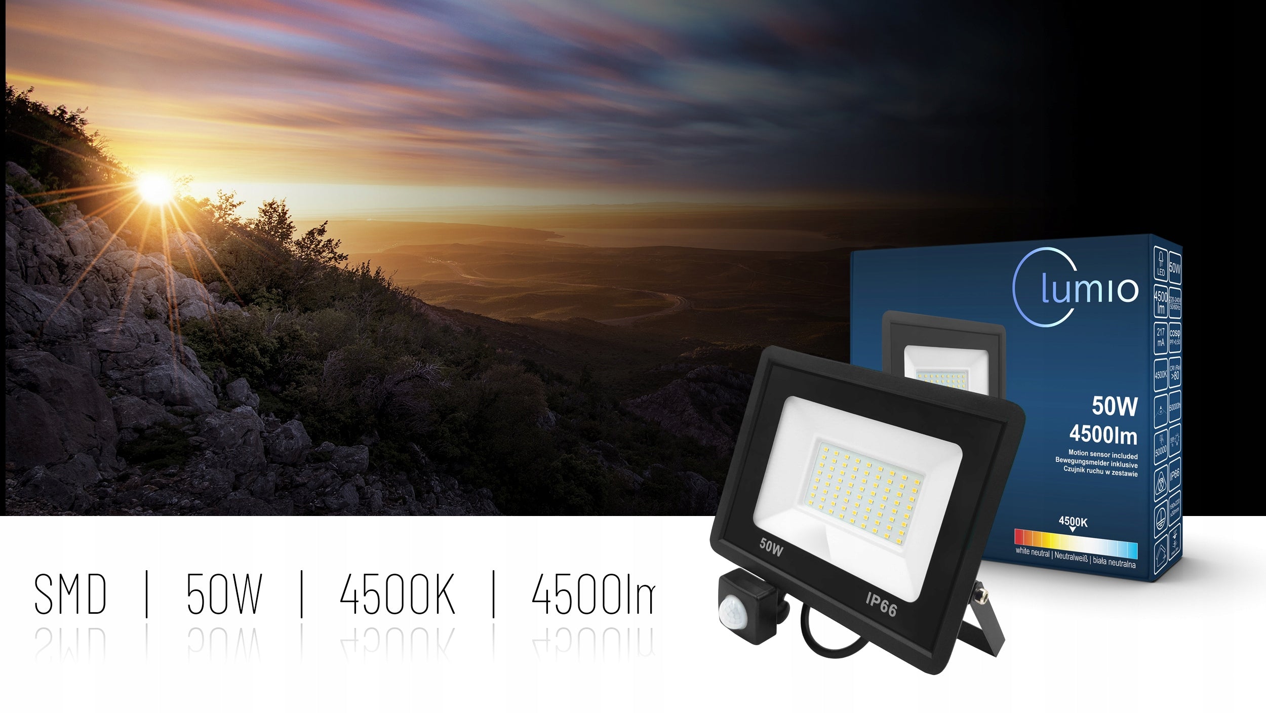 HALOGEN HEADLIGHT FLOODLIGHT LED LAMP 50W 4500lm 4500K MOTION SENSOR Manufacturer code 301040H