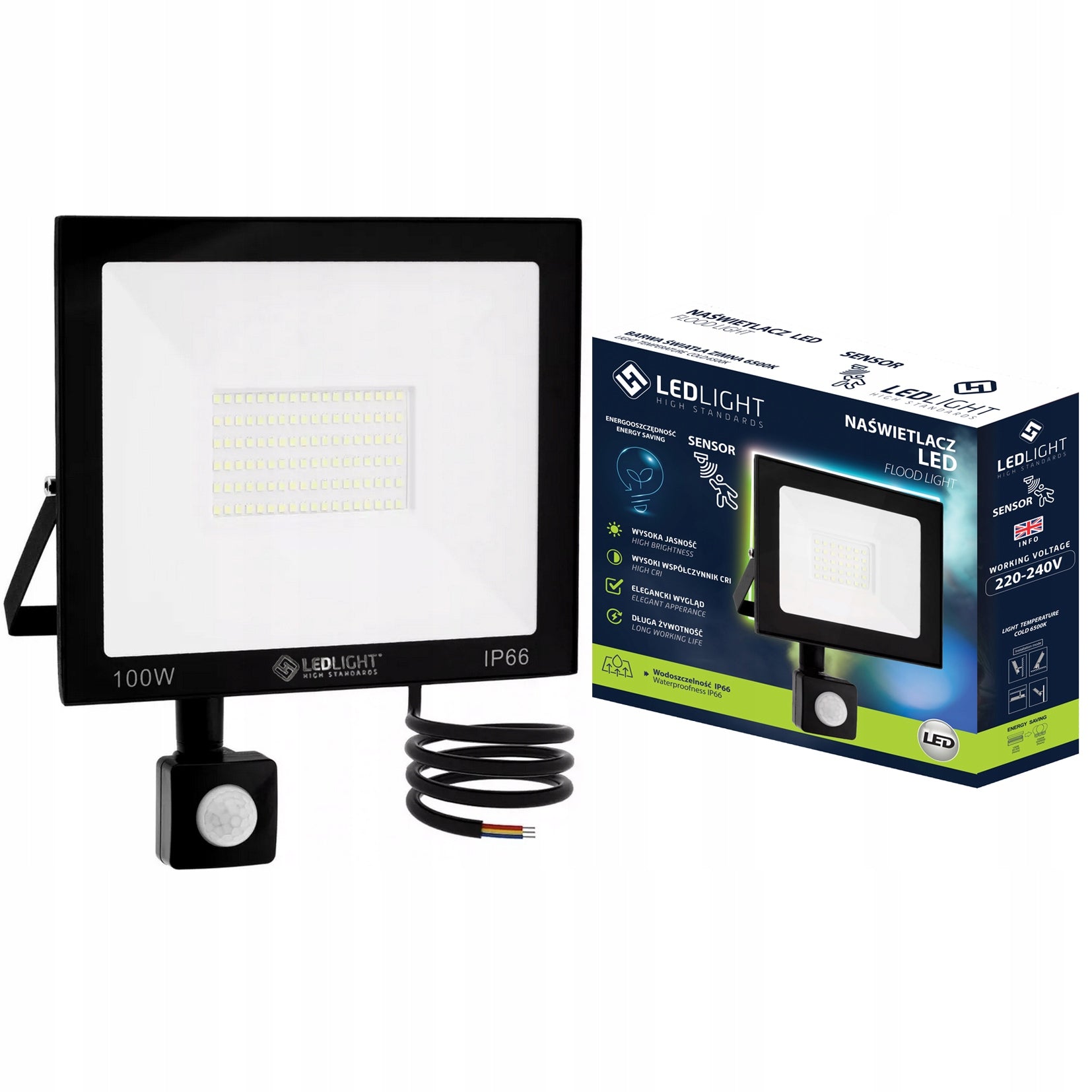 HALOGEN LED 100W FLOODLIGHT with PIR motion sensor SLIM IP66 WORKING cold