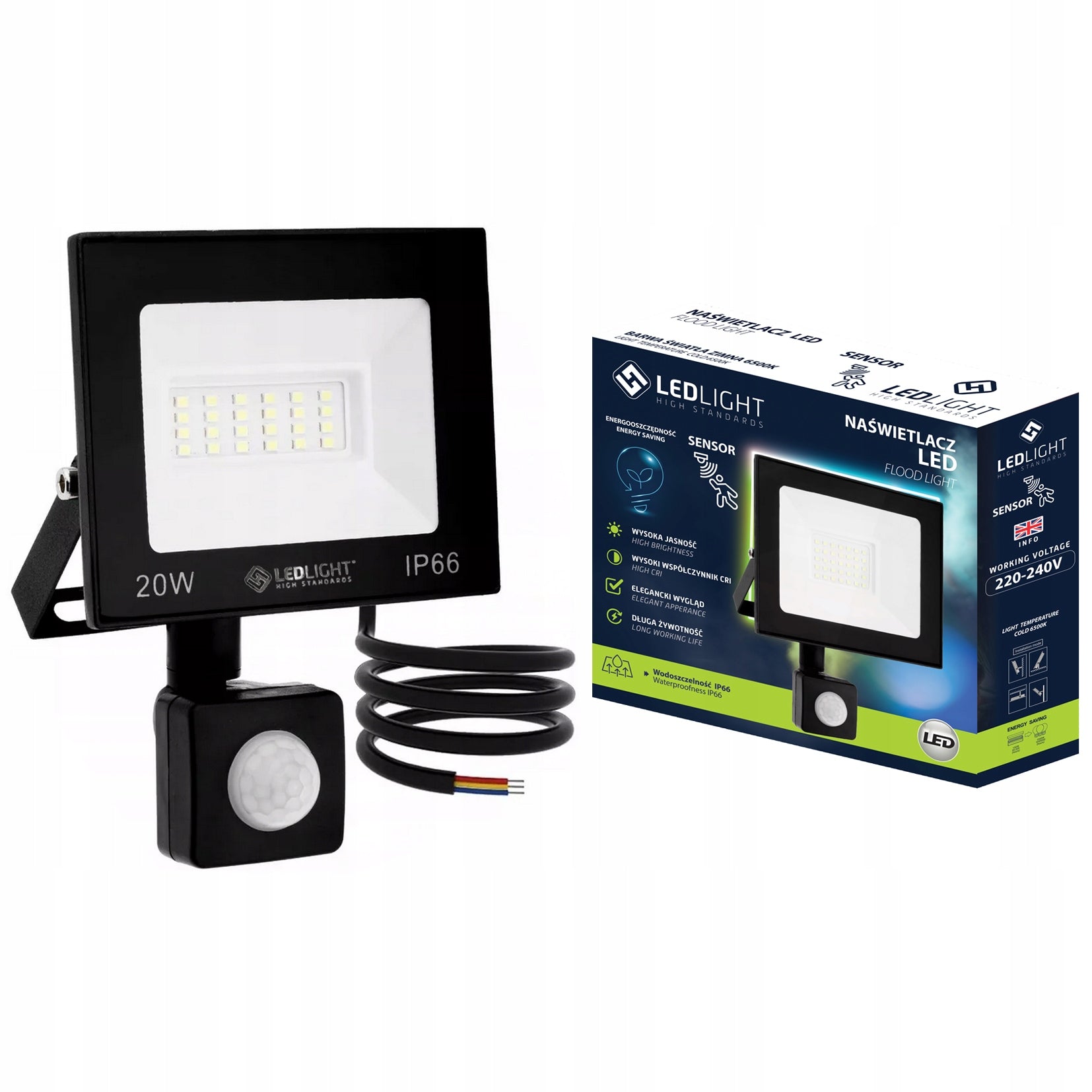 HALOGEN LED 20W FLOODLIGHT with PIR motion sensor SLIM IP66 WORKING cold