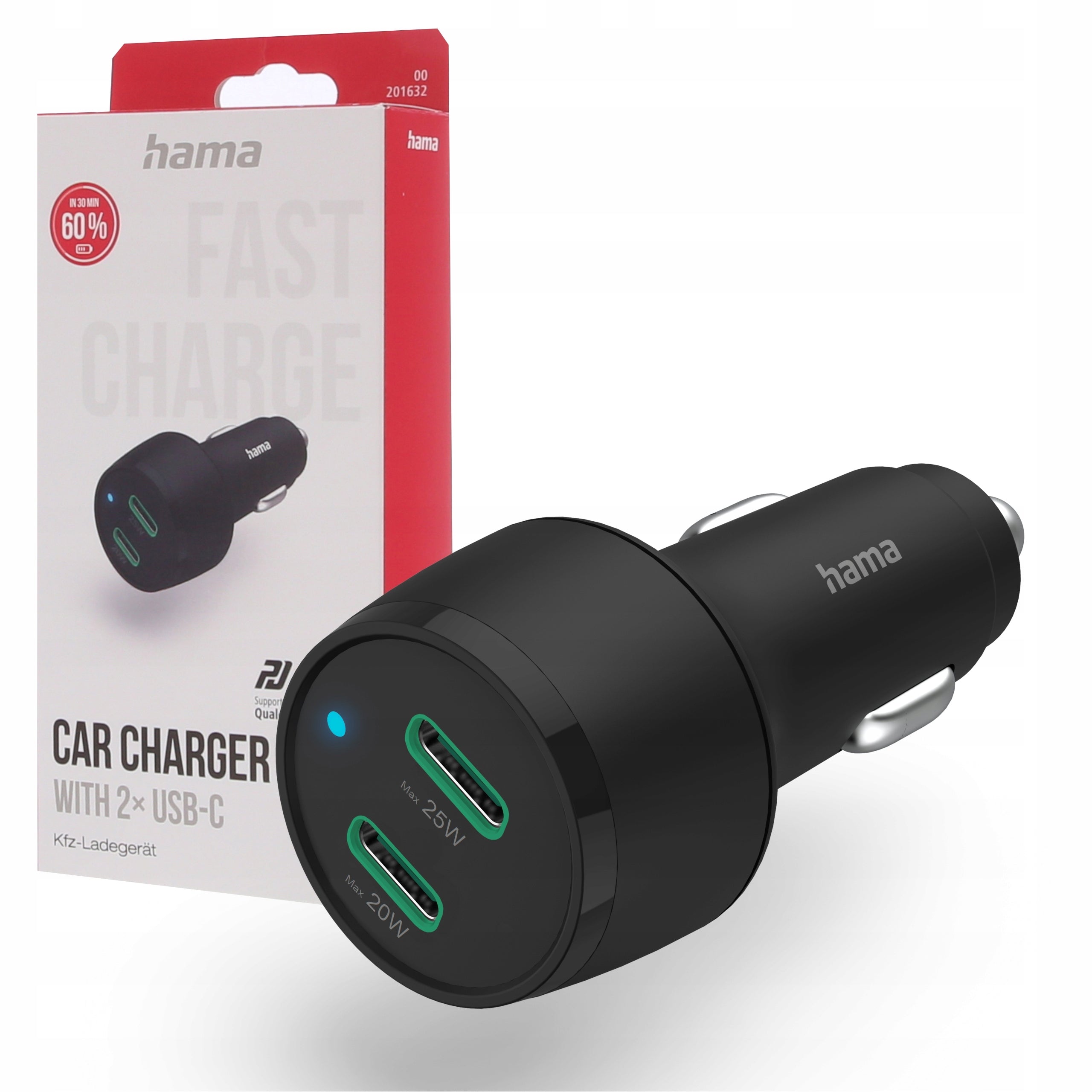 HAMA Car Charger 45W 2x USB-C PD/QC Fast Charging GaN LED