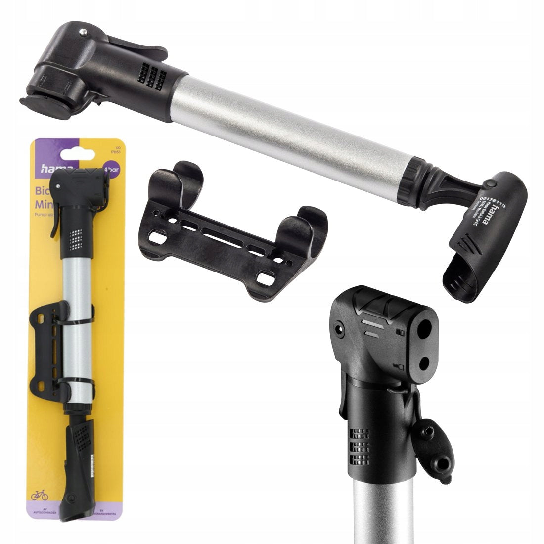 HAMA MINI UNIVERSAL BICYCLE PUMP WITH FRAME HOLDER BLACK 4 BAR