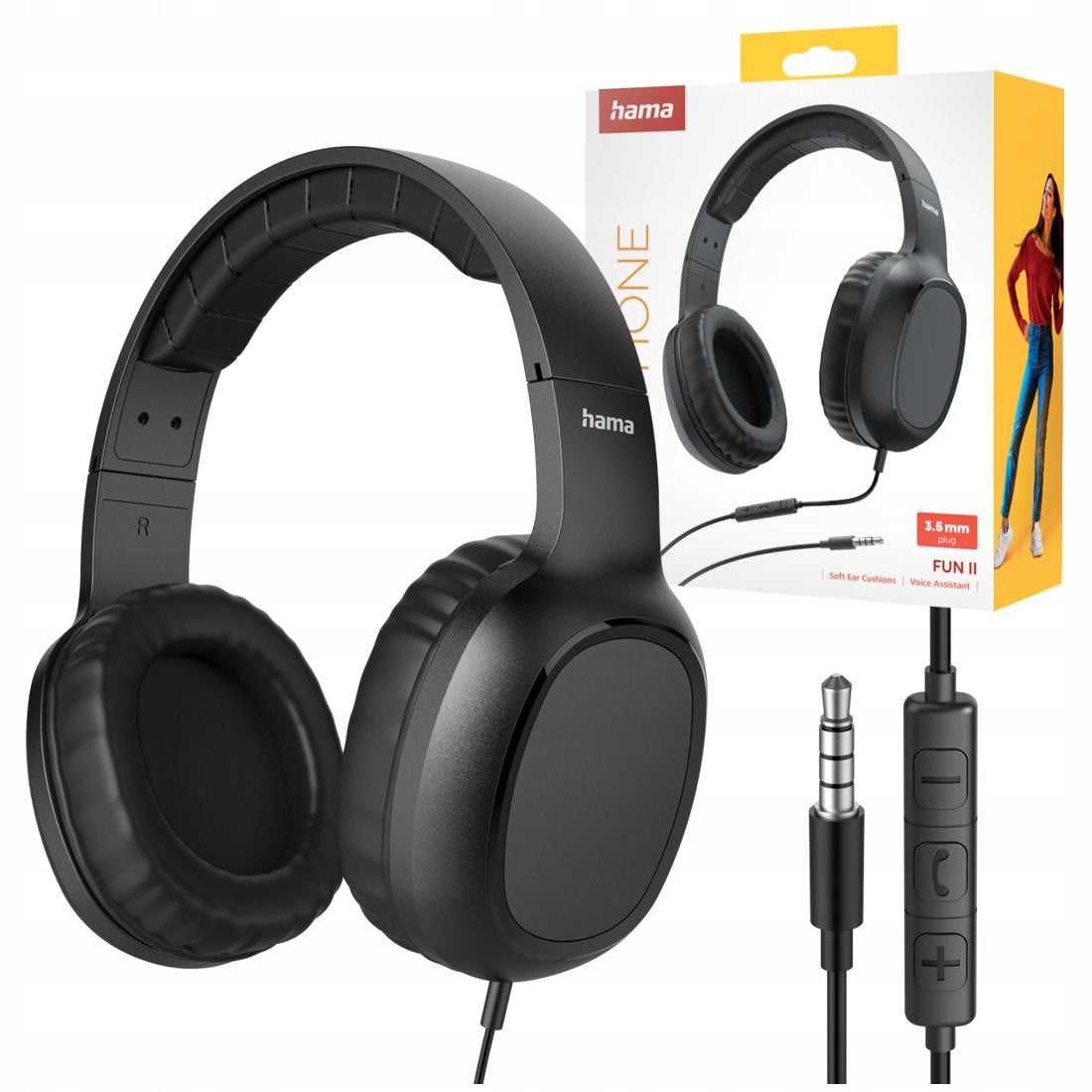 HAMA ON-EAR HEADPHONES FUN II WIRED WITH MICROPHONE AND REMOTE CONTROL NEW BLACK