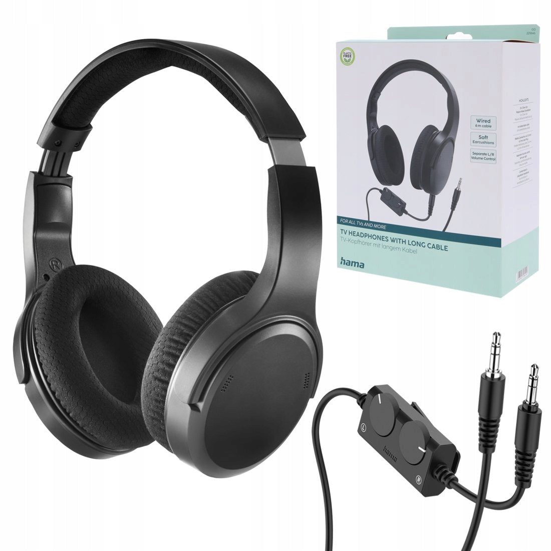 HAMA OVER-EAR HEADPHONES TV LONG CABLE 6m minijack 3,5mm + adapter 6,35mm