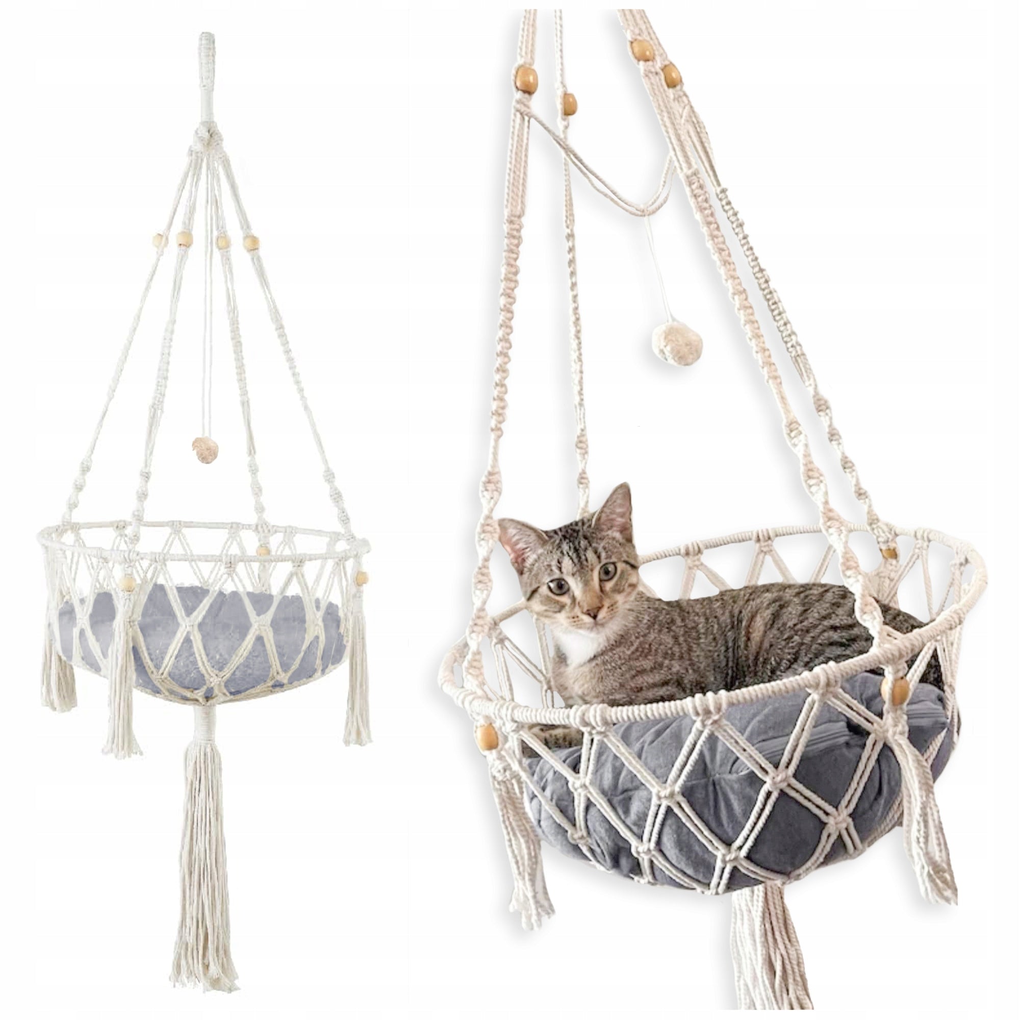 HAMMOCK CAT BED BOHO MACRAME HANGING UNDER THE CEILING 40x40CM + PILLOW