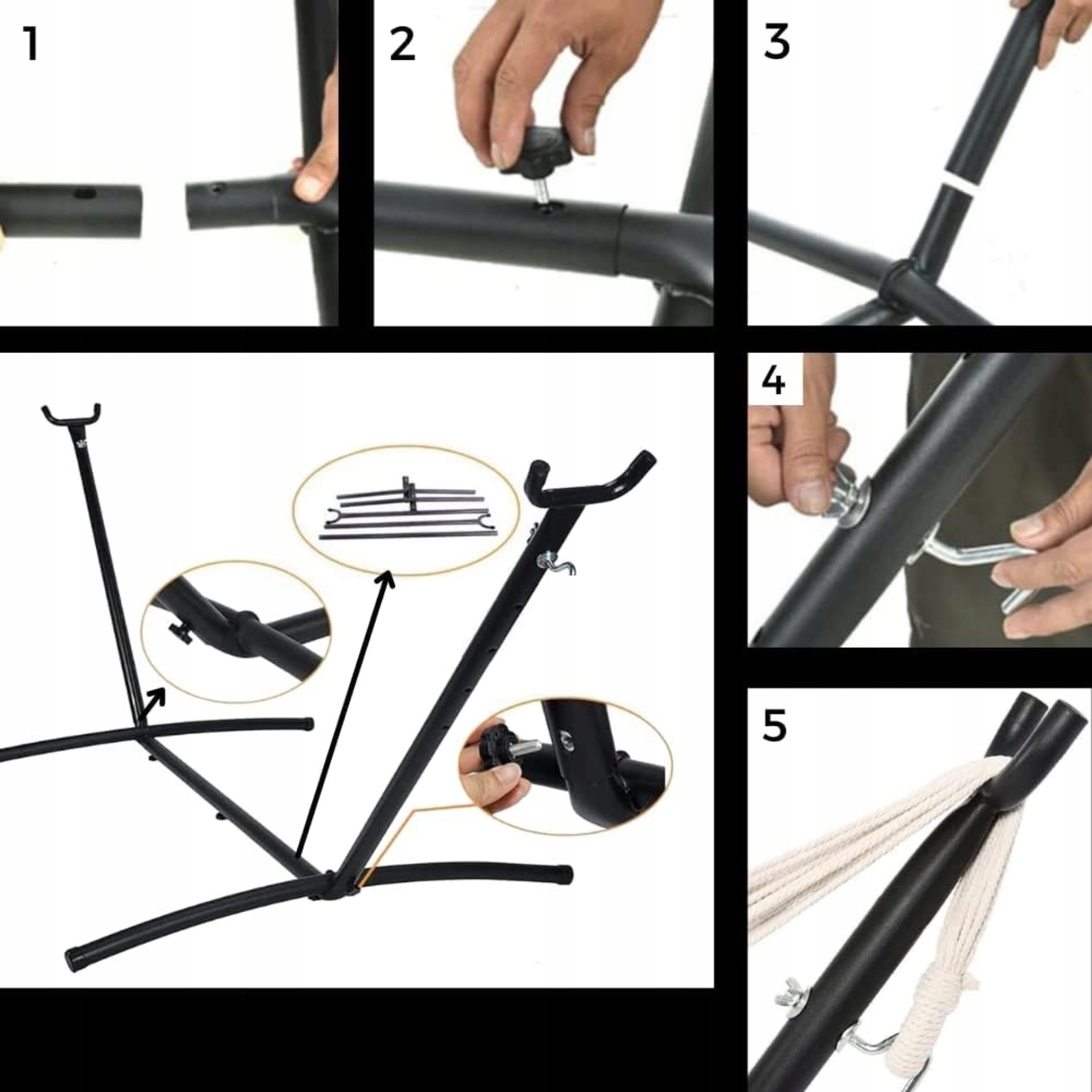 HAMMOCK FRAME METAL DOUBLE Folding Stand Solid 300kg BLACK Total length 275 cm