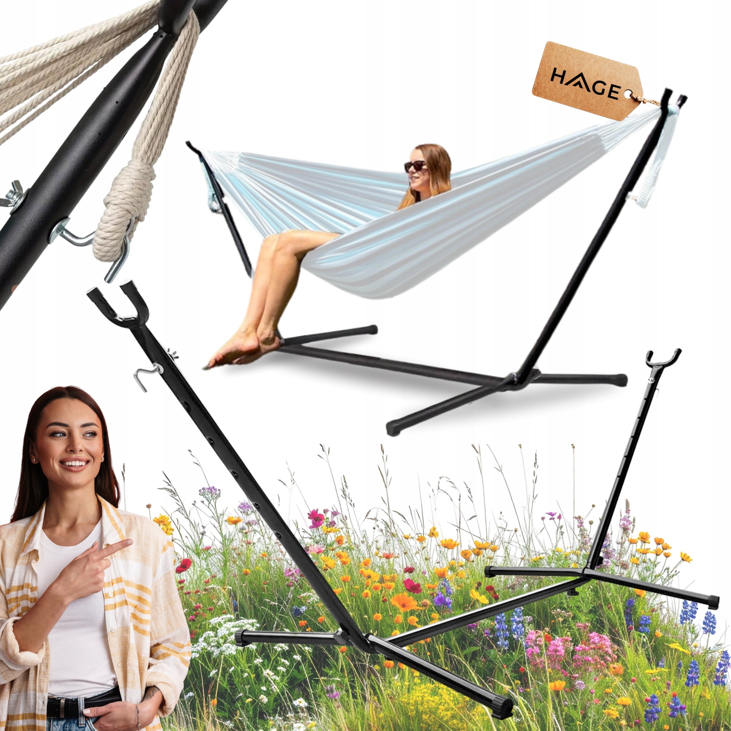 HAMMOCK FRAME METAL DOUBLE Folding Stand Solid 300kg BLACK