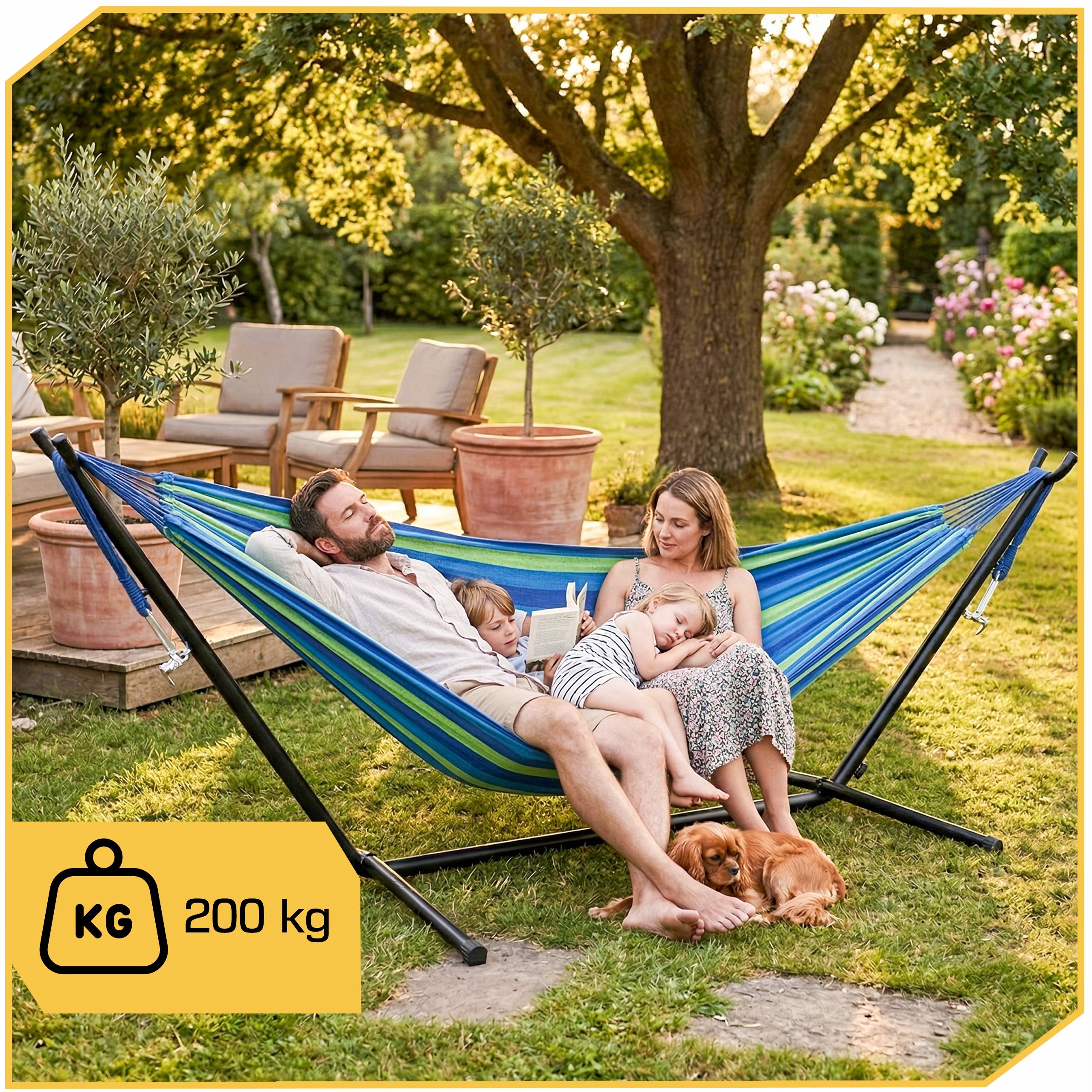 HAMMOCK WITH FRAME WE ADJUST THE GARDEN DOUBLE STAND STEEL COVER Total length 280 cm