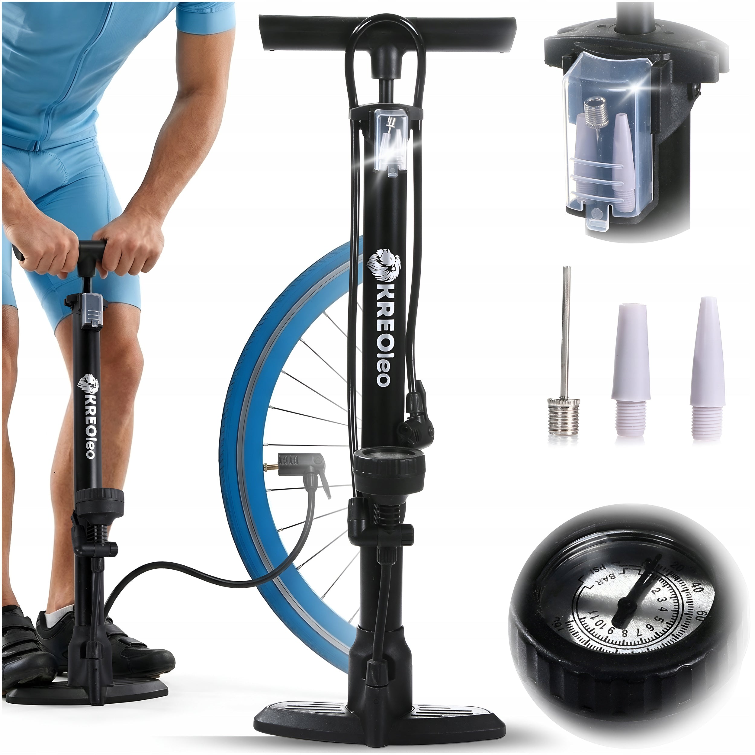 HAND BICYCLE PUMP WITH FLOOR PRESSURE GAUGE FOR CAR BALL BIKE