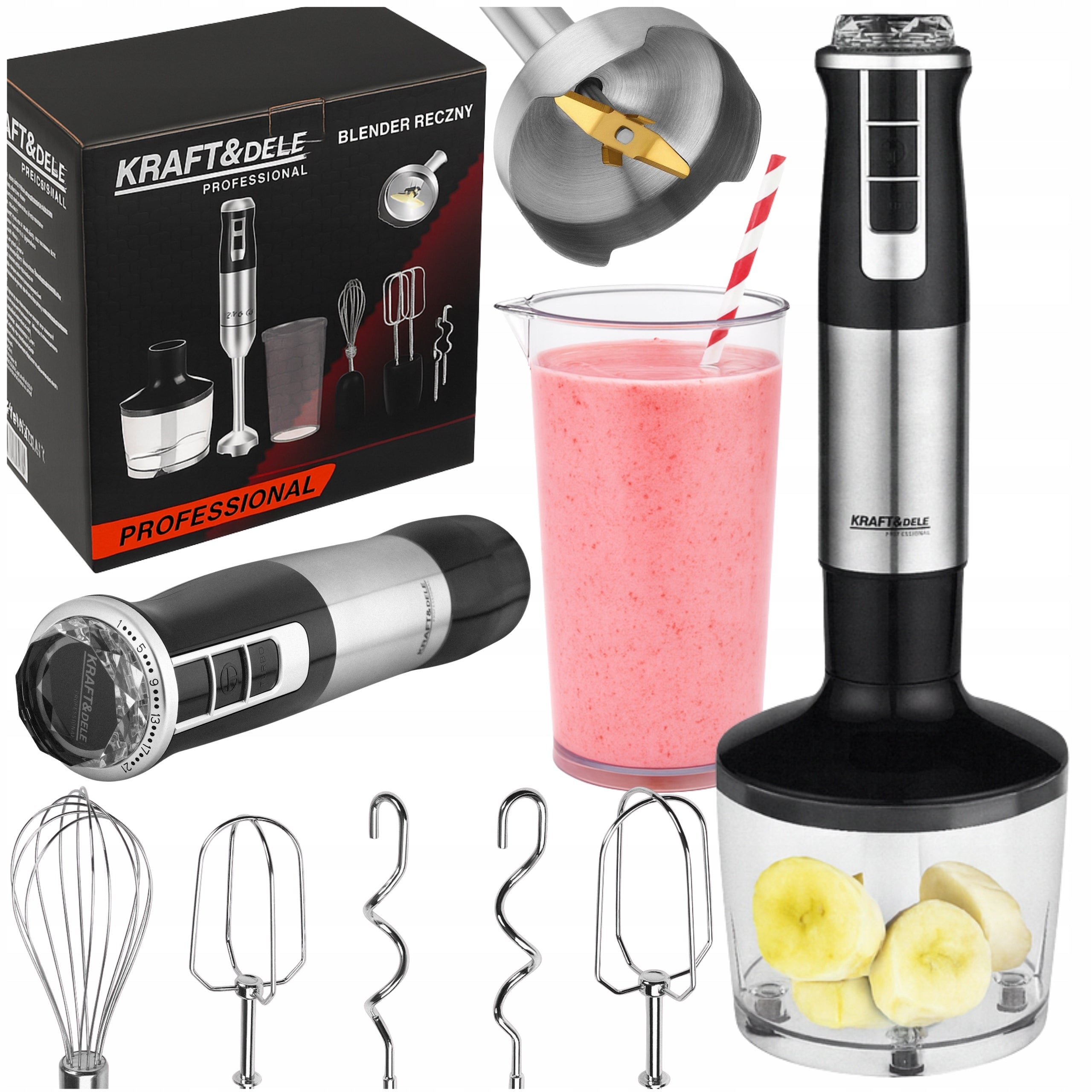 HAND BLENDER MIXER MULTIFUNCTION SHREDDER POWERFUL 1500W TURBO MODE Included equipment blending tip whisk attachment container cover shredder