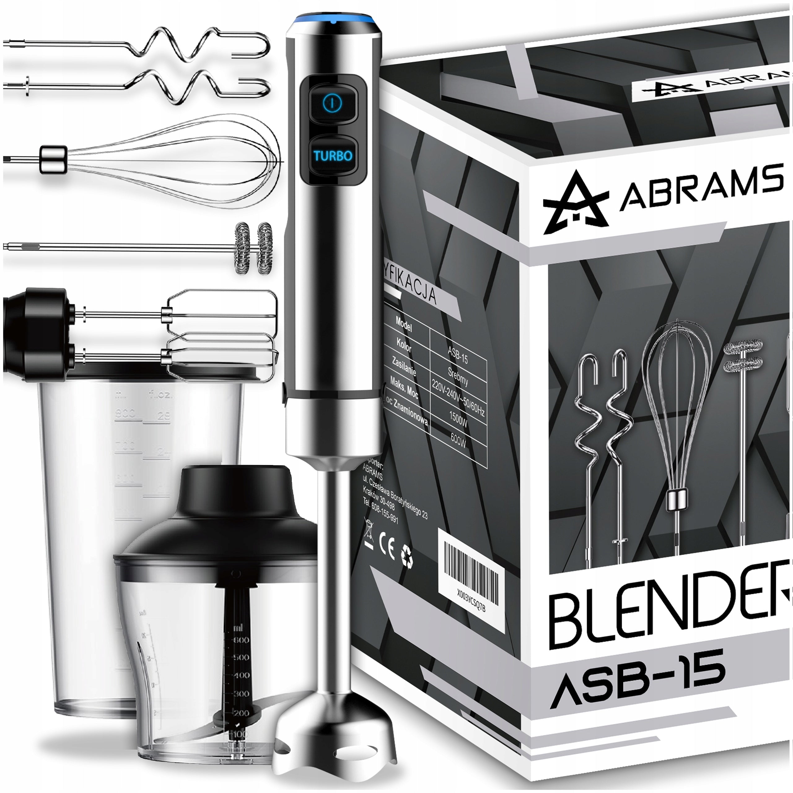 HAND BLENDER MIXER MULTIFUNCTION TURBO MODE 1500 IN 7IN1 TITANIUM BLADES