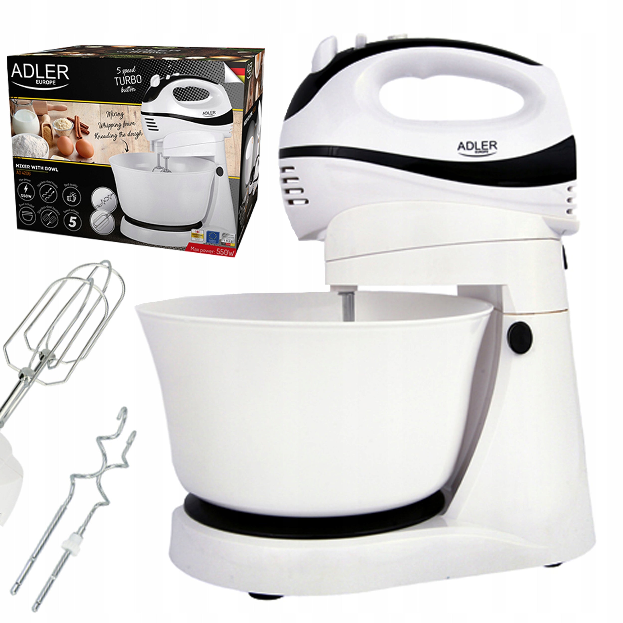 HAND MIXER FOOD PROCESSOR WITH ROTATING BOWL 3L 550W 5 SPEEDS 2 TIPS Brand ADLER