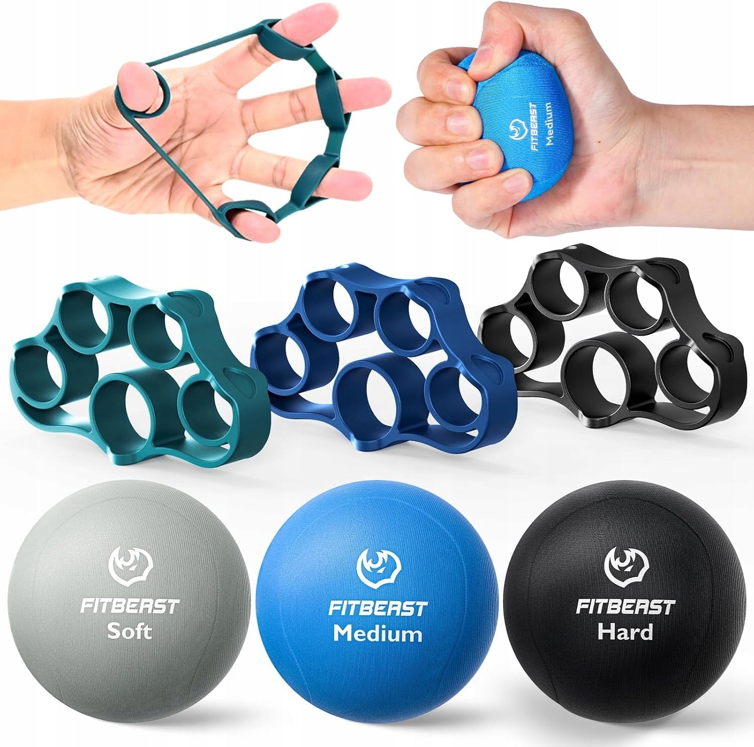 HAND TRAINER REHABILITATION 6 PIECE SET OF THREE HARDNESSES AND COLORS