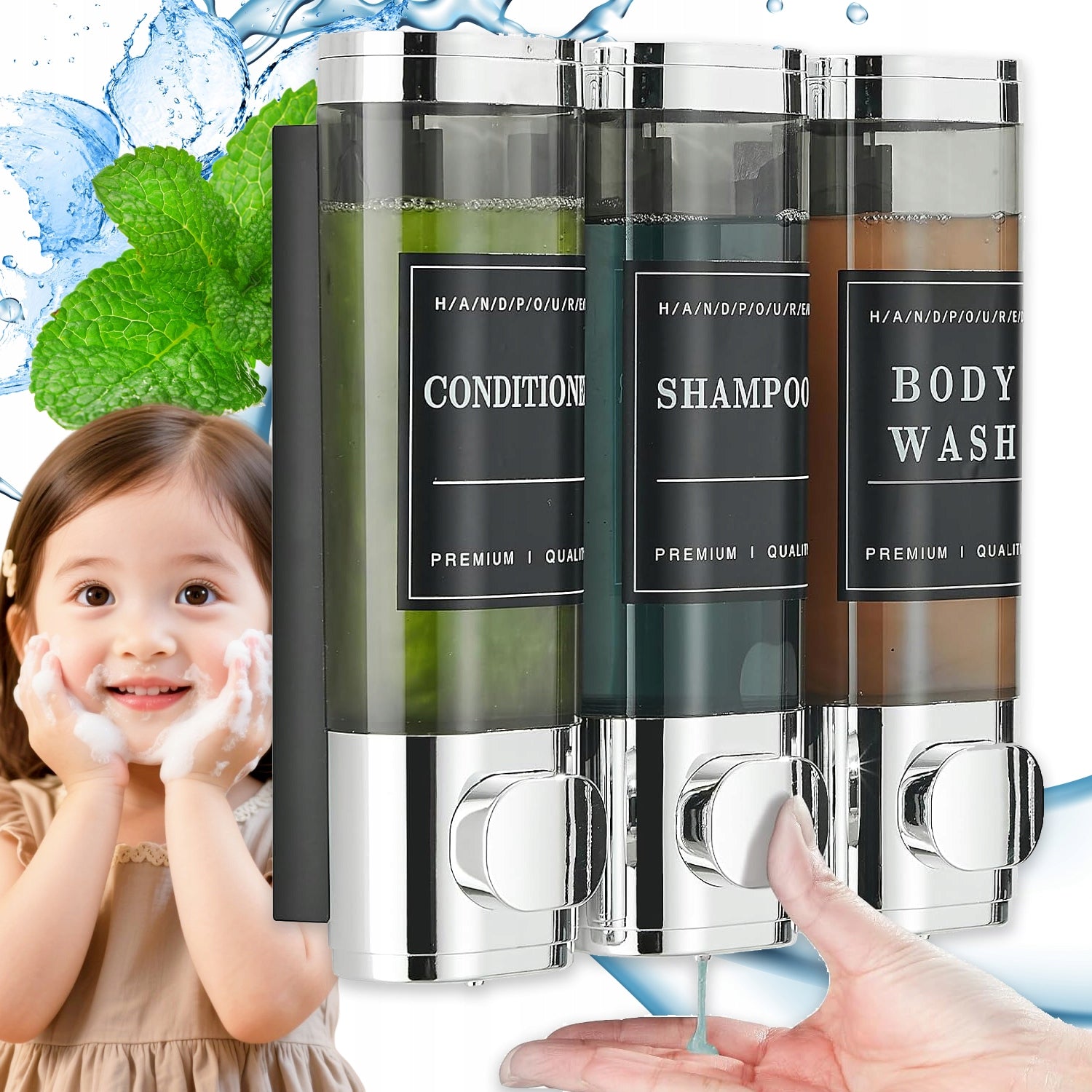HANDHELD BATHROOM SOAP DISPENSER WALL MOUNTED SHAMPOO 3 CHAMBERS 0.3L