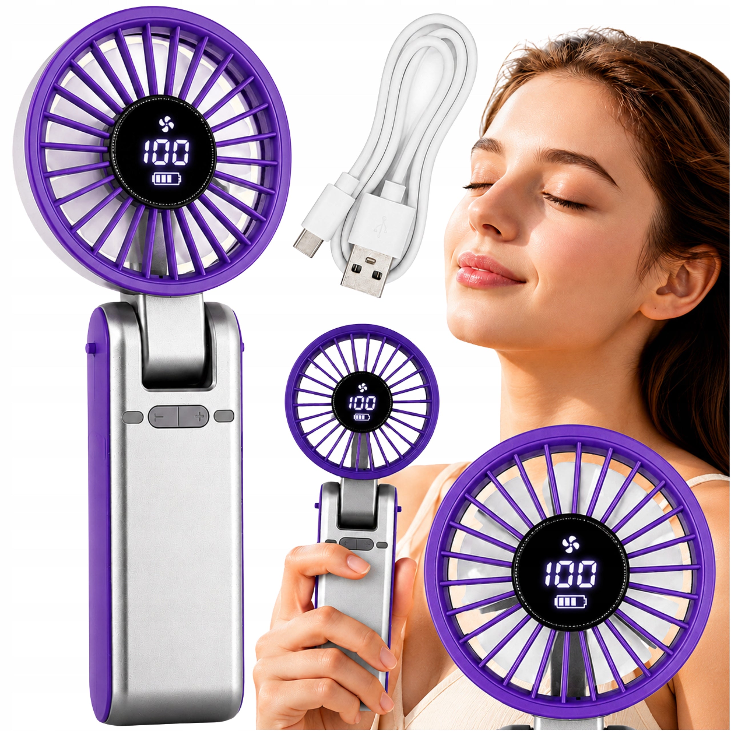 HANDHELD FAN FOLDING 2in1 DESK USB-C RECHARGEABLE 6 MODES POWERFUL